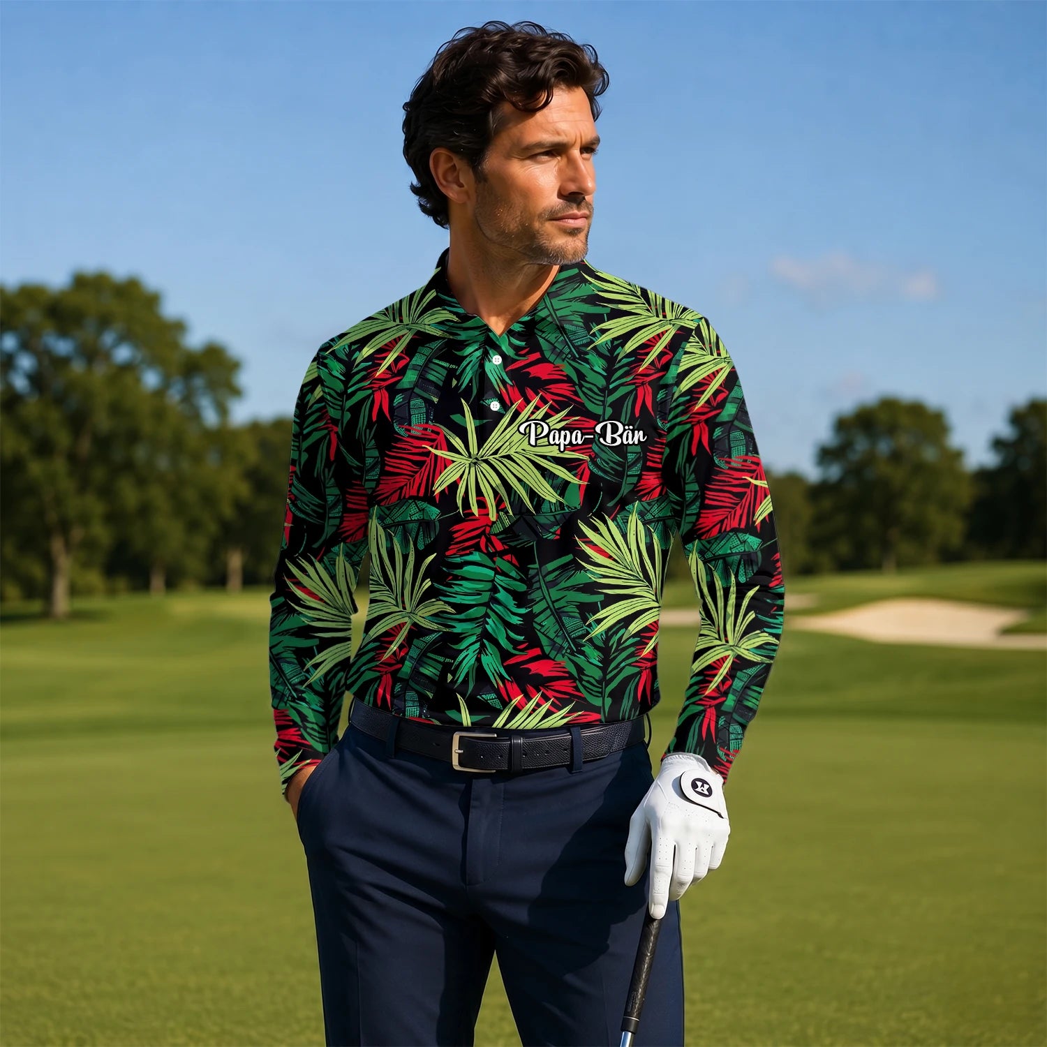 Personalisiertes Golf Poloshirt Schwarz Grün Rotes Tropisches Blätter Design für Herren U5191