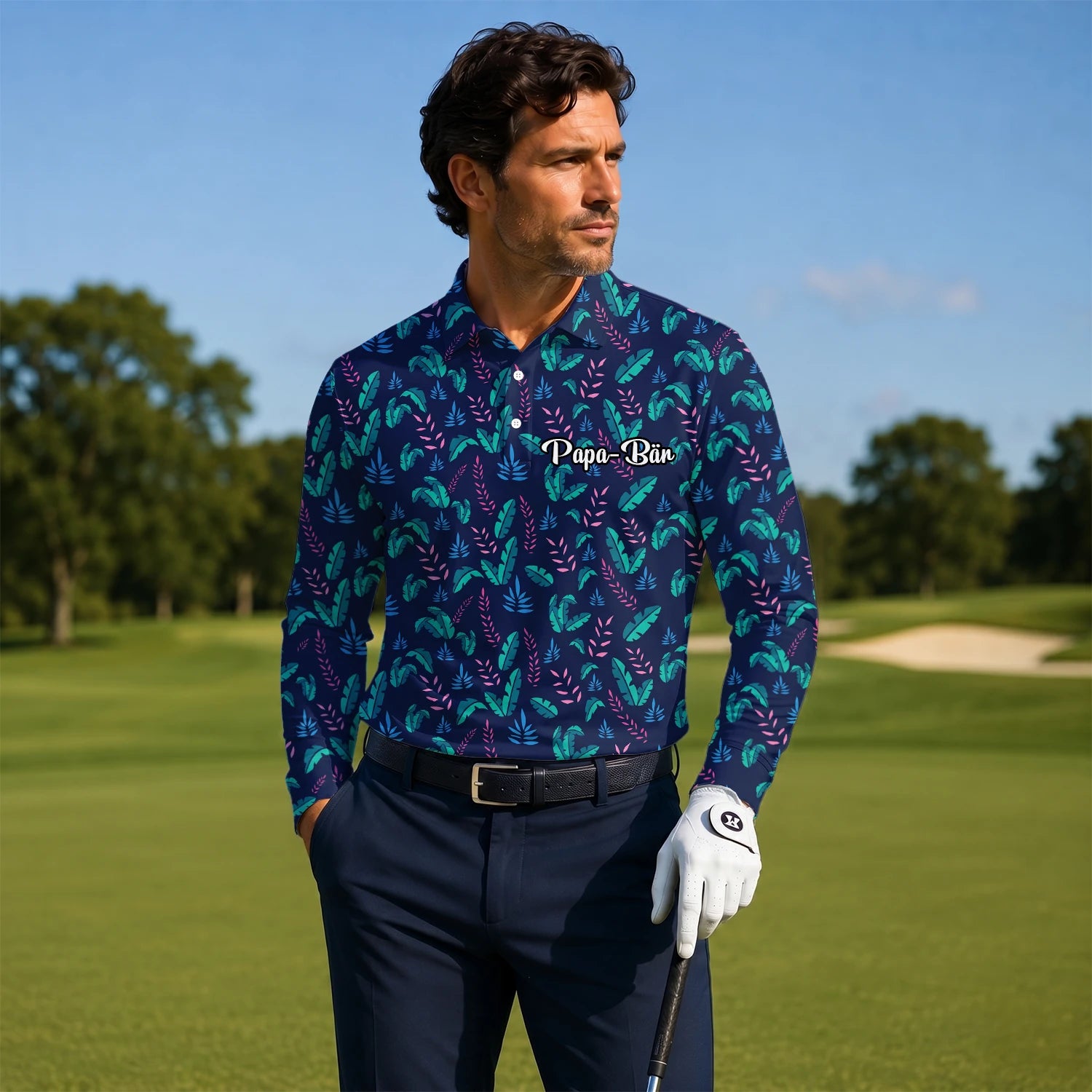 Personalisiertes Golf Poloshirt Marineblau Türkis Tropisches Blätter Design für Herren S8145