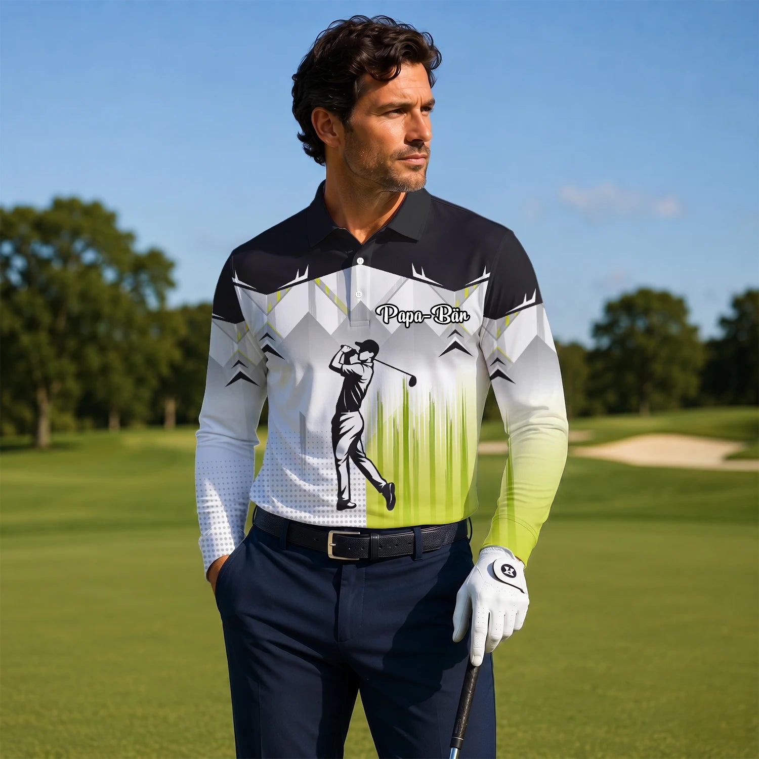Personalisiertes Golf Poloshirt Schwarz Grau Limettengrünes Golfer Silhouetten Design für Herren F4552