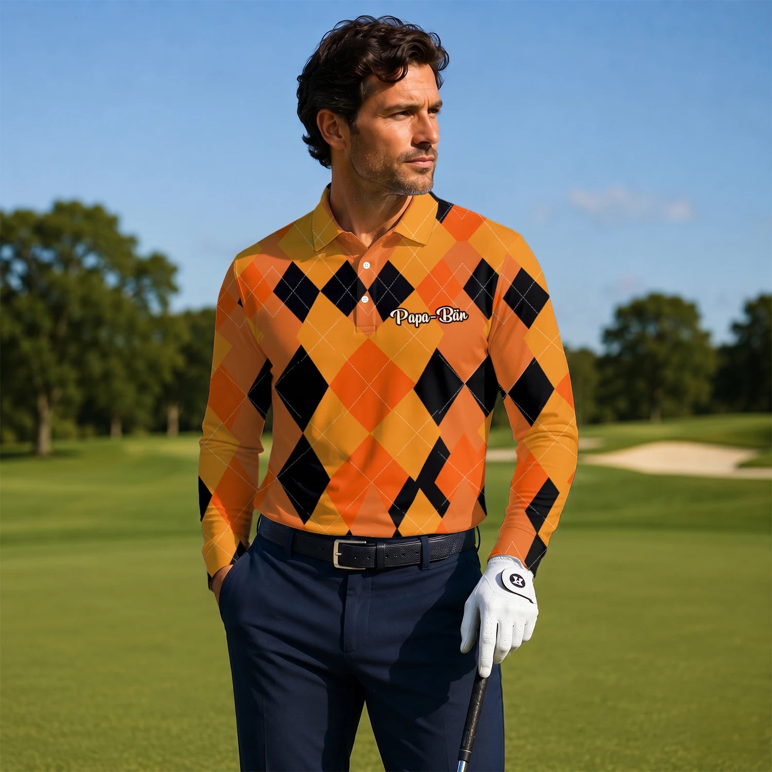 Personalisiertes Golf Poloshirt Orange Schwarzes Rauten Muster für Herren C4203