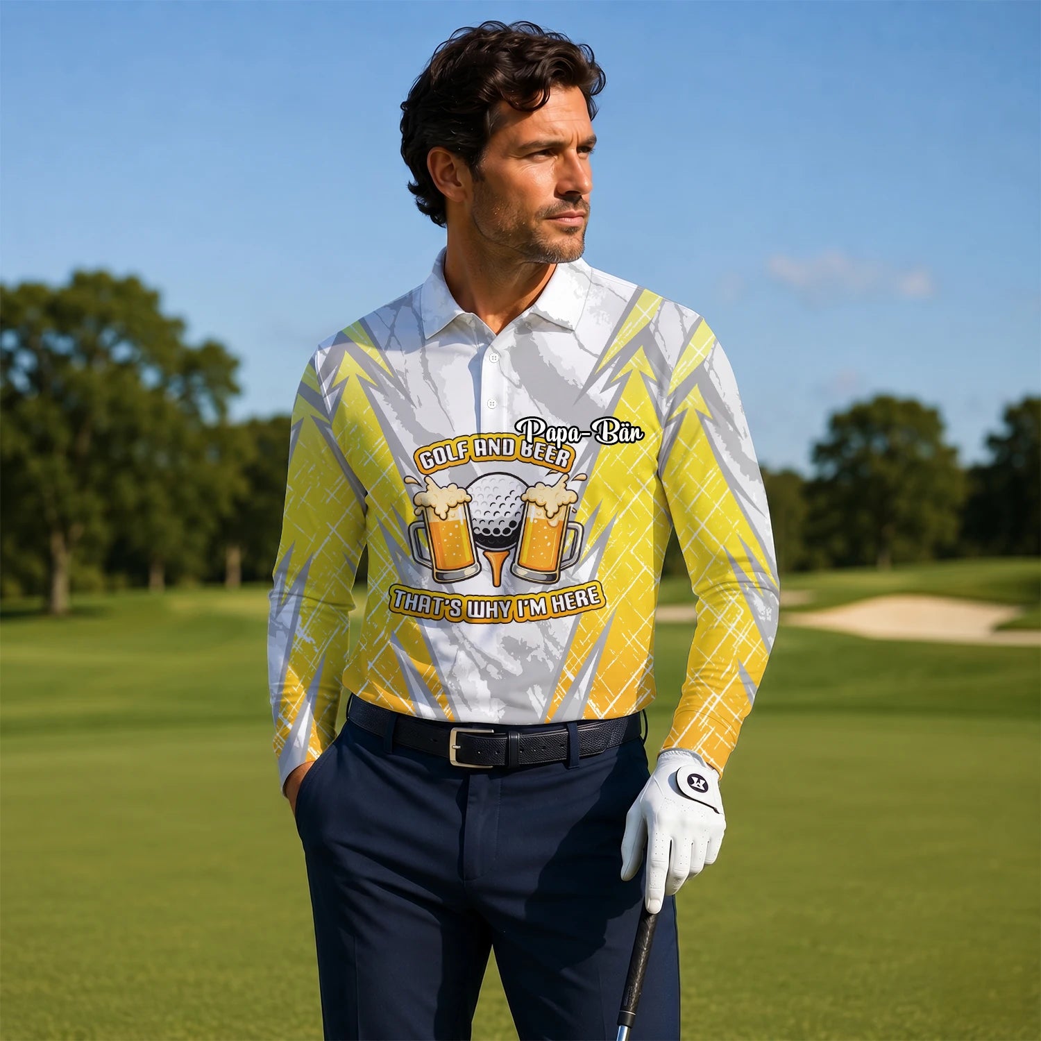 Personalisiertes Golf Poloshirt Grau Gelbes Golf und Bier Spruch Design für Herren P2319