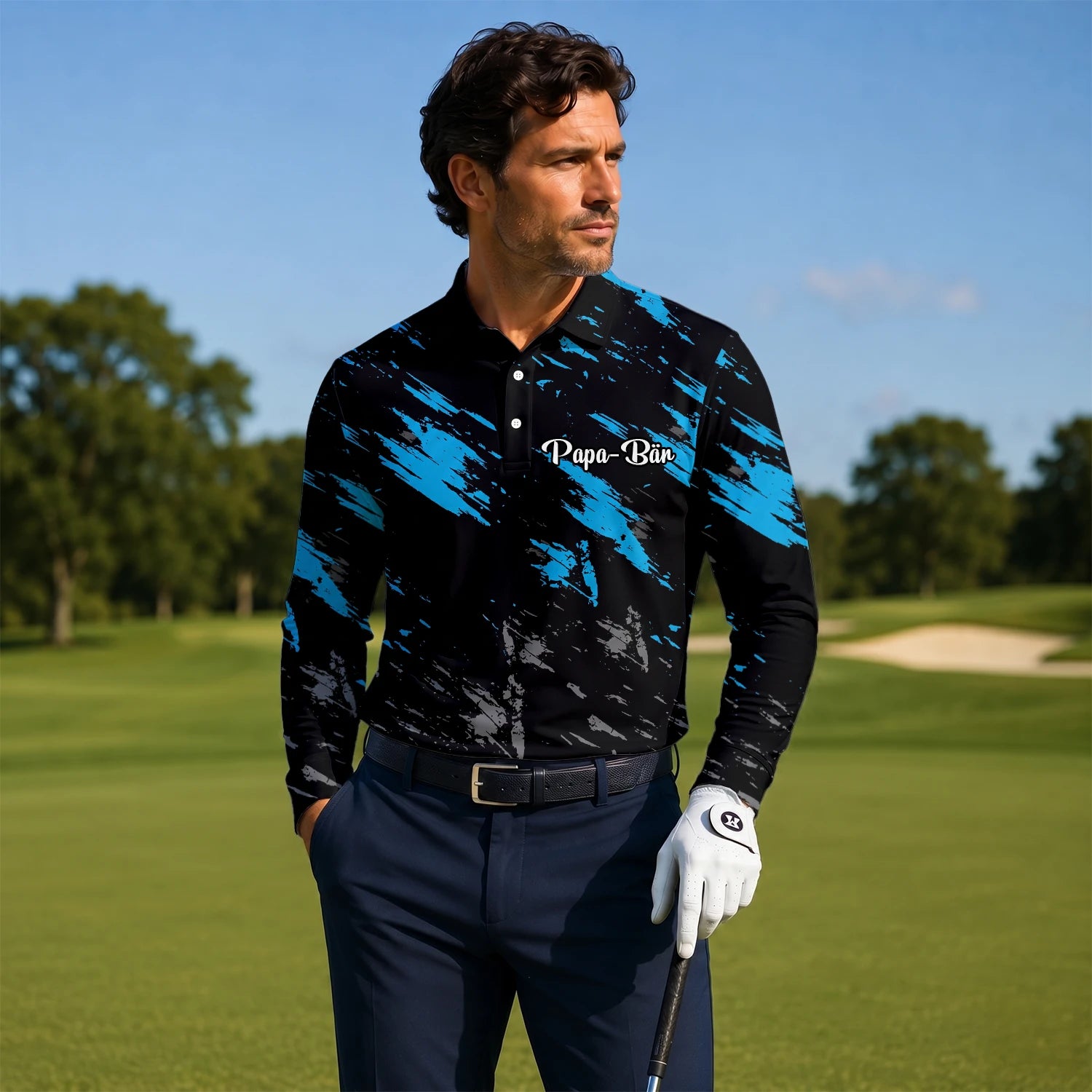 Personalisiertes Golf Poloshirt Schwarz Blaues Pinselstrich Design für Herren H3779