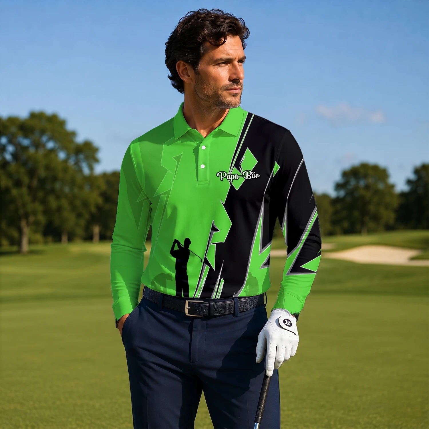 Personalisiertes Golf Poloshirt Limettengrünes Golfer Silhouetten Blitz Design für Herren V5316