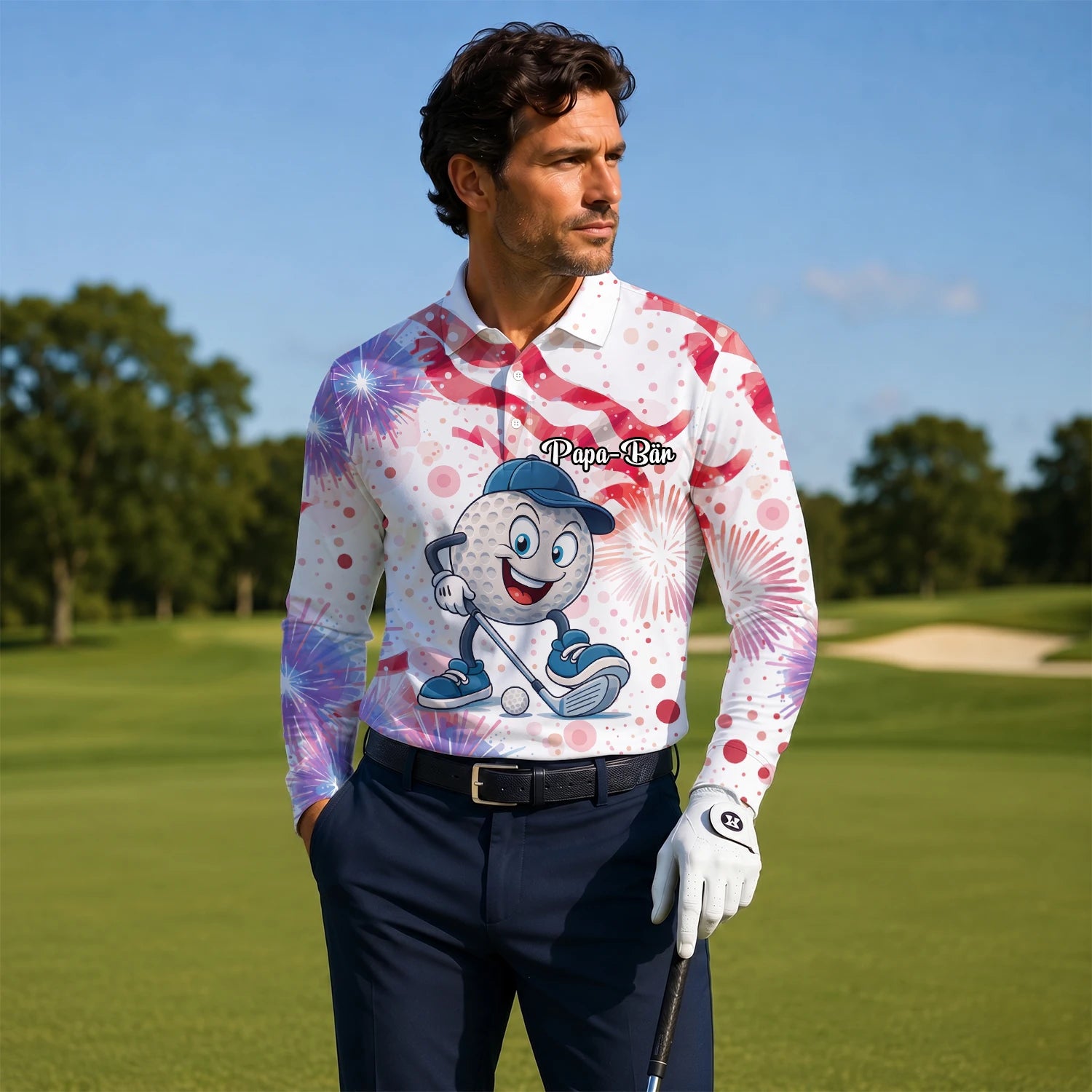 Personalisiertes Golf Poloshirt Weiß Rosa Golfball Cartoon Feuerwerk Design für Herren C2083