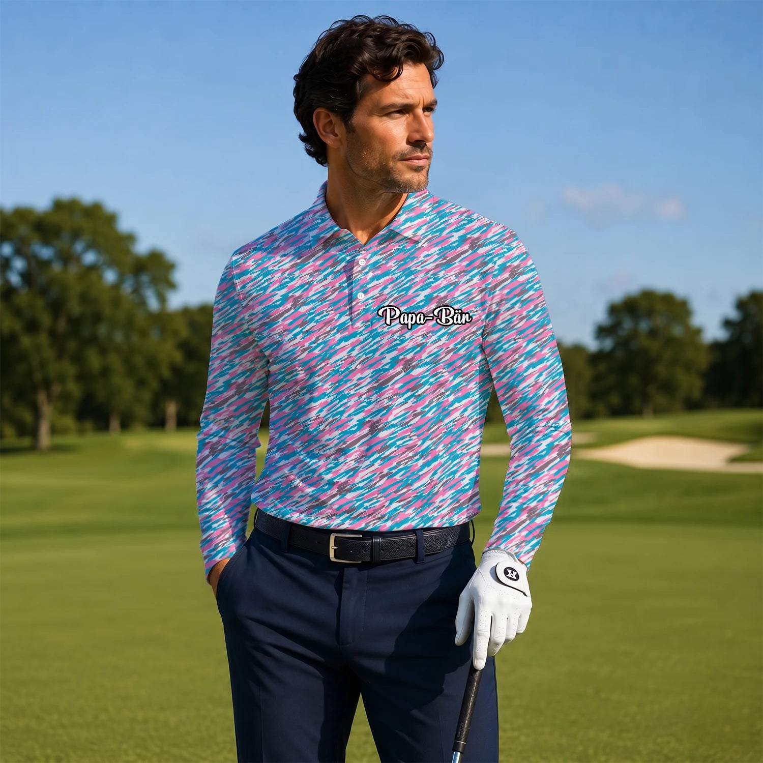 Personalisiertes Golf Poloshirt Rosa Türkis Abstraktes Sprenkel Design für Herren S1159