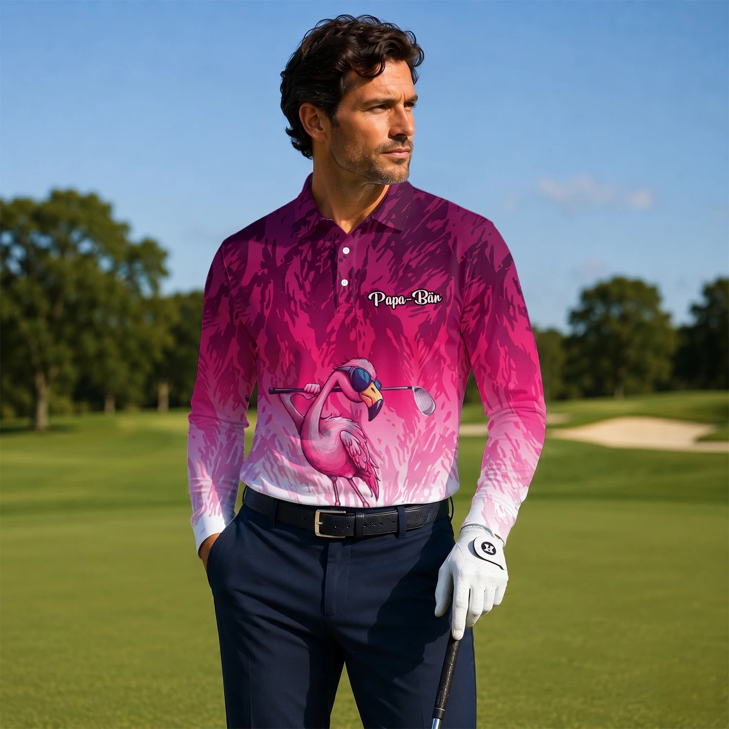 Personalisiertes Golf Poloshirt in Rosa mit Flamingo-Golfer und Farbklecks für Herren R4990