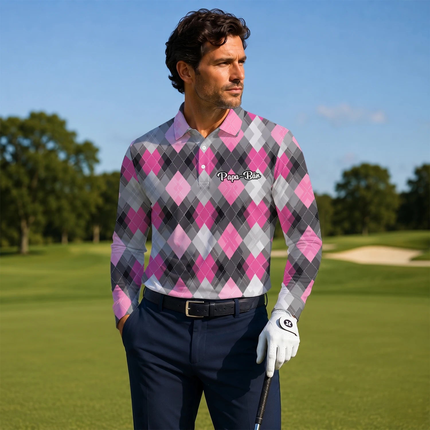 Personalisiertes Golf Poloshirt Rosa Graues Rauten Muster für Herren Z9376