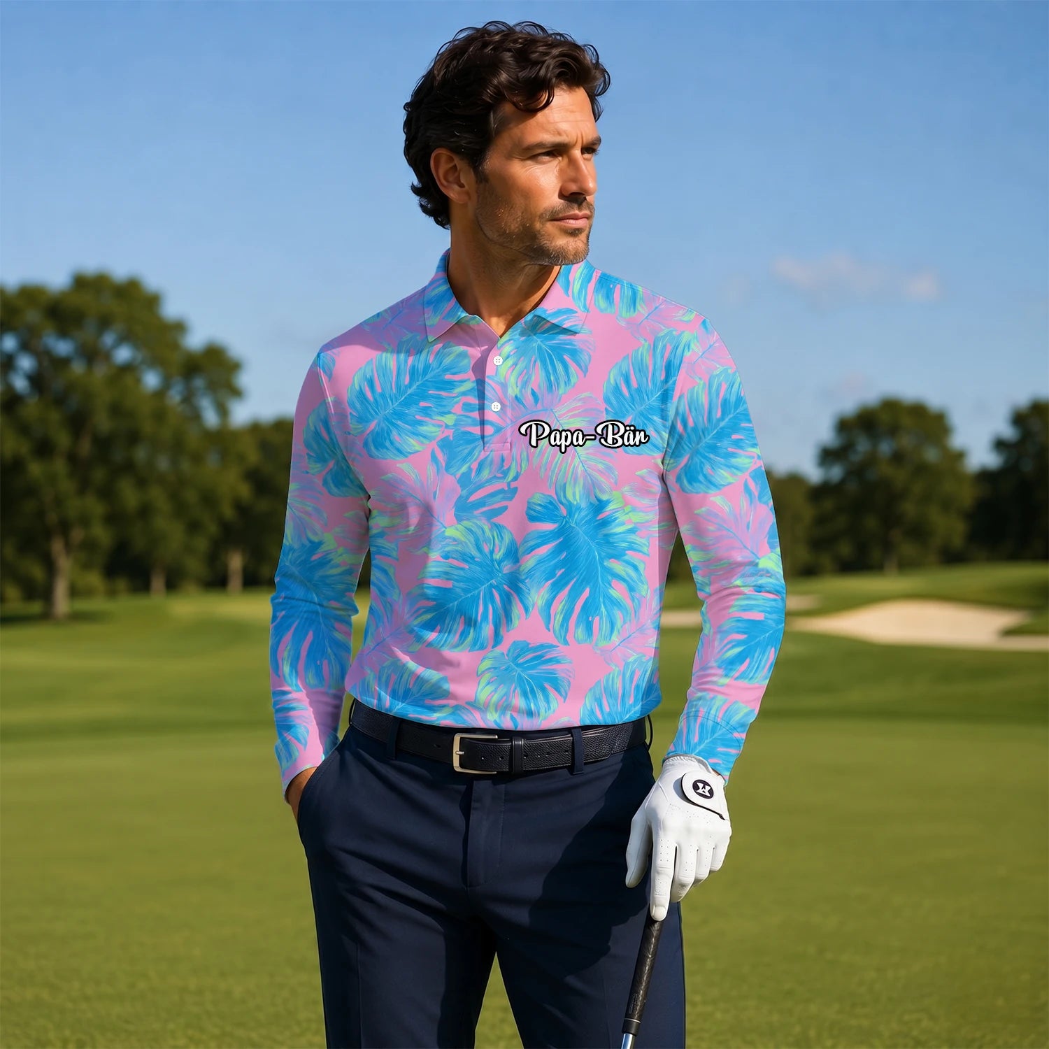 Personalisiertes Golf Poloshirt Rosa Türkis Tropisches Monstera Blätter Design für Herren C8385