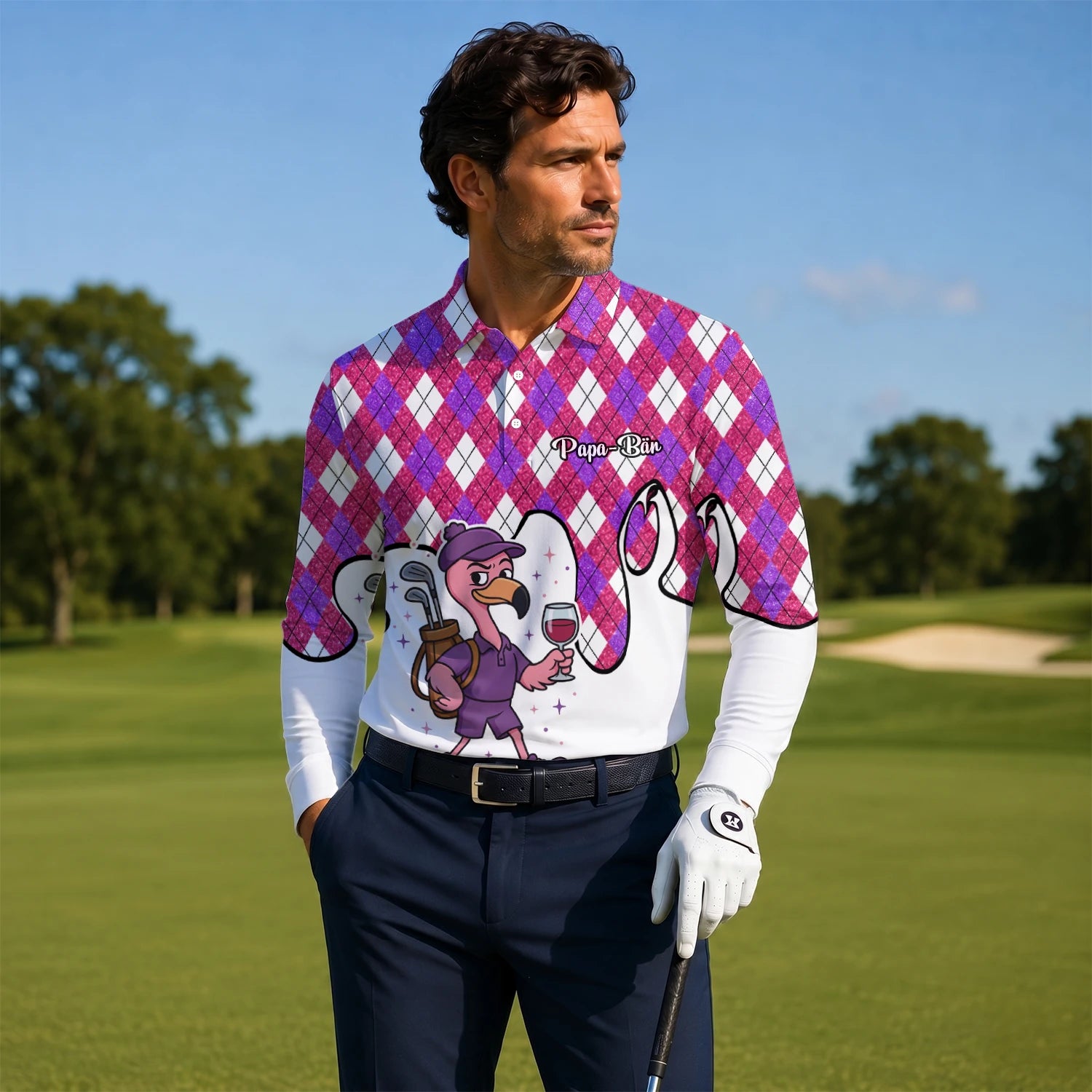 Personalisiertes Golf Poloshirt Pink Lila Rauten Strauß Golfer Cartoon Design für Herren D7000