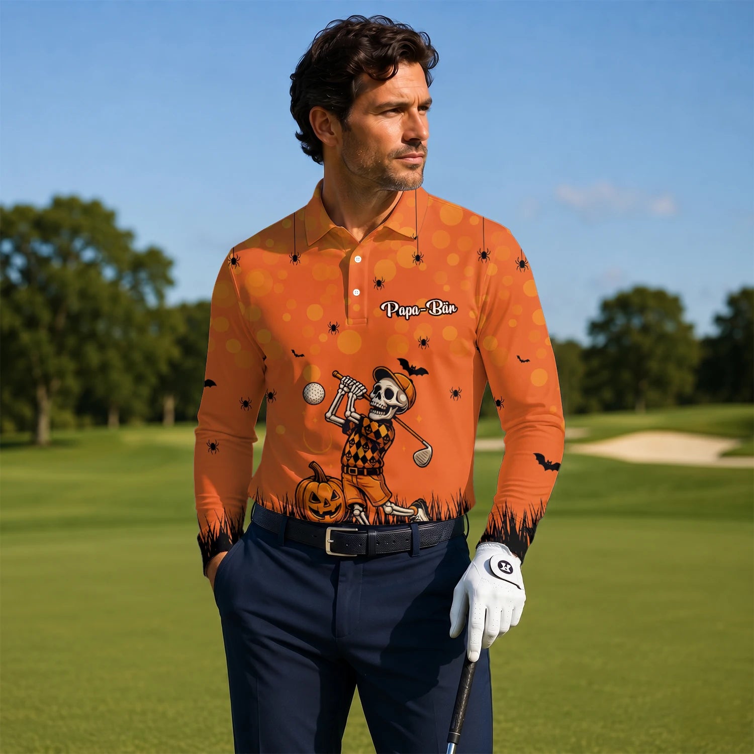 Personalisiertes Golf Poloshirt Orange Halloween Skelett Golfer Design für Herren D3851