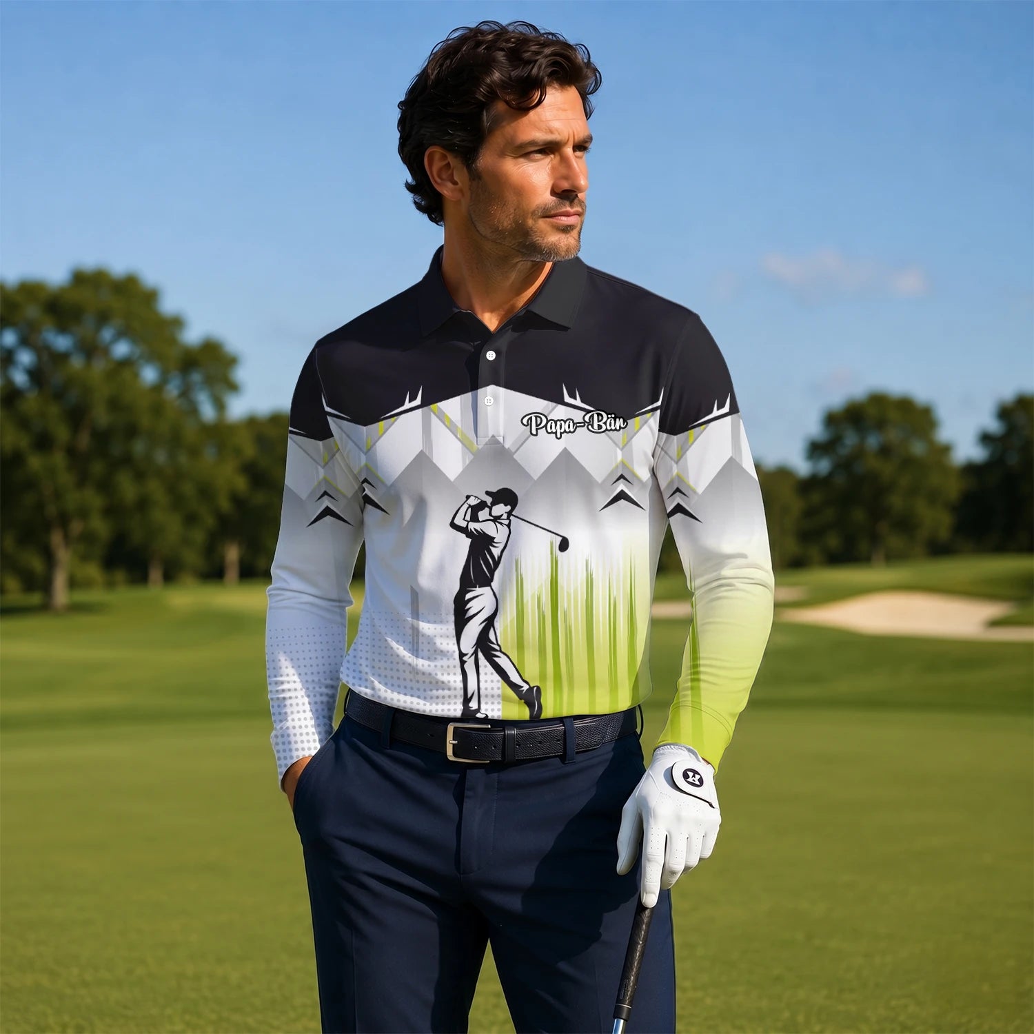 Personalisiertes Golf Poloshirt Schwarz Grau Limettengrünes Golfer Silhouetten Design für Herren F4552