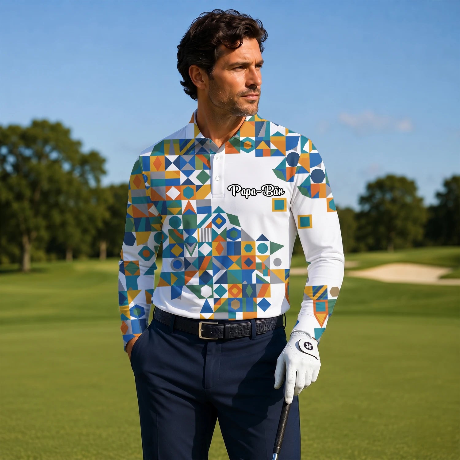 Personalisiertes Golf Poloshirt Weiß Türkis Oranges Geometrisches Patchwork Design für Herren K5362