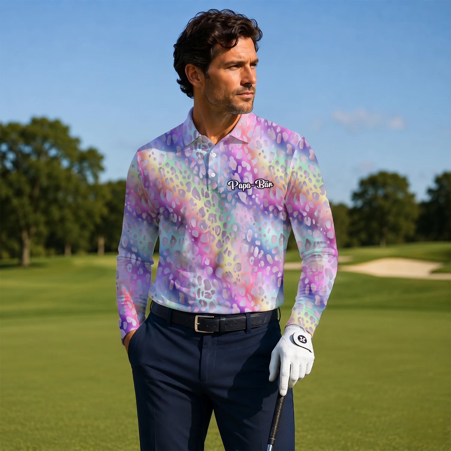 Personalisiertes Golf Poloshirt Pastell Regenbogen Leo Print Design für Herren E5373
