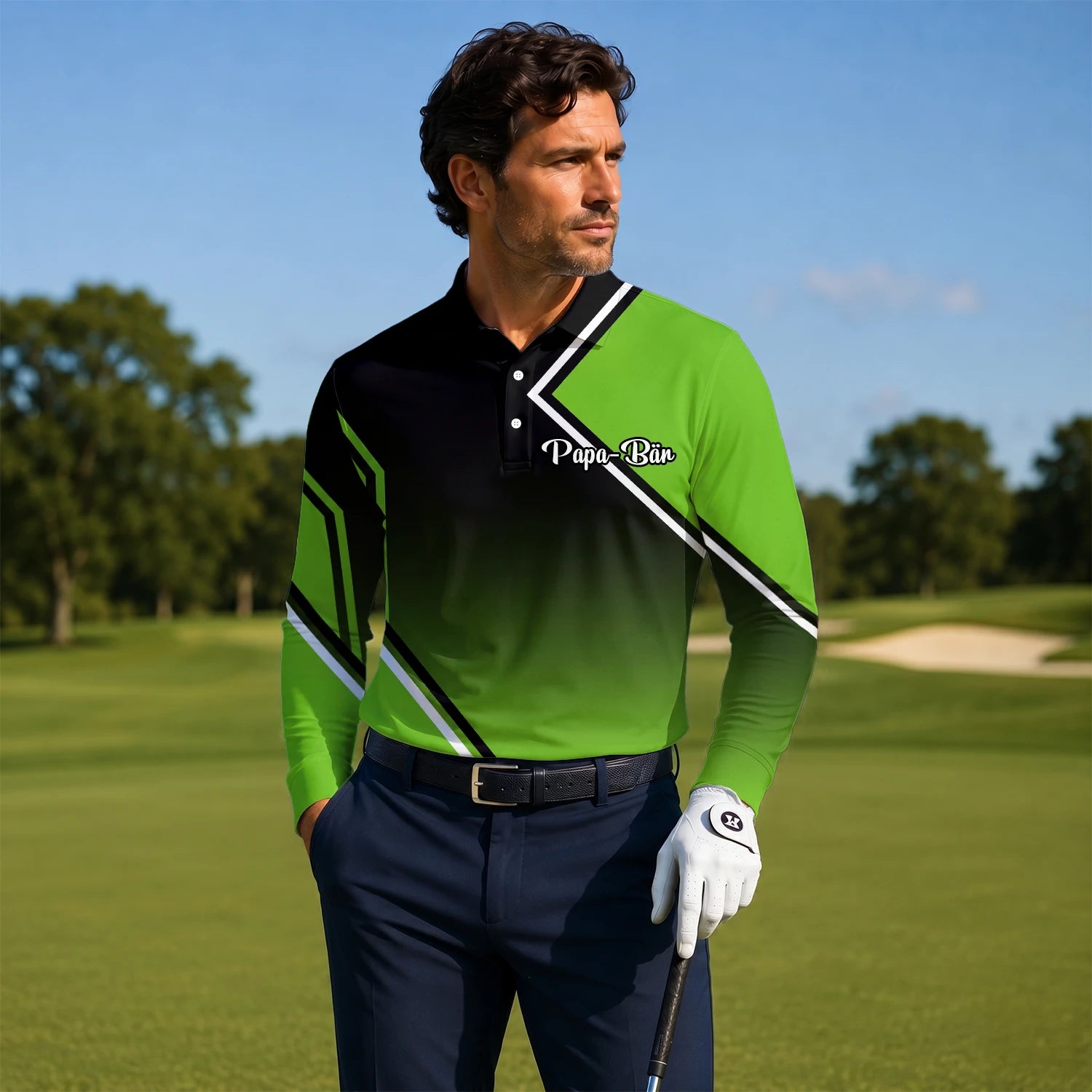 Personalisiertes Golf Poloshirt Schwarz Grünes Geometrisches Streifen Design für Herren V2638