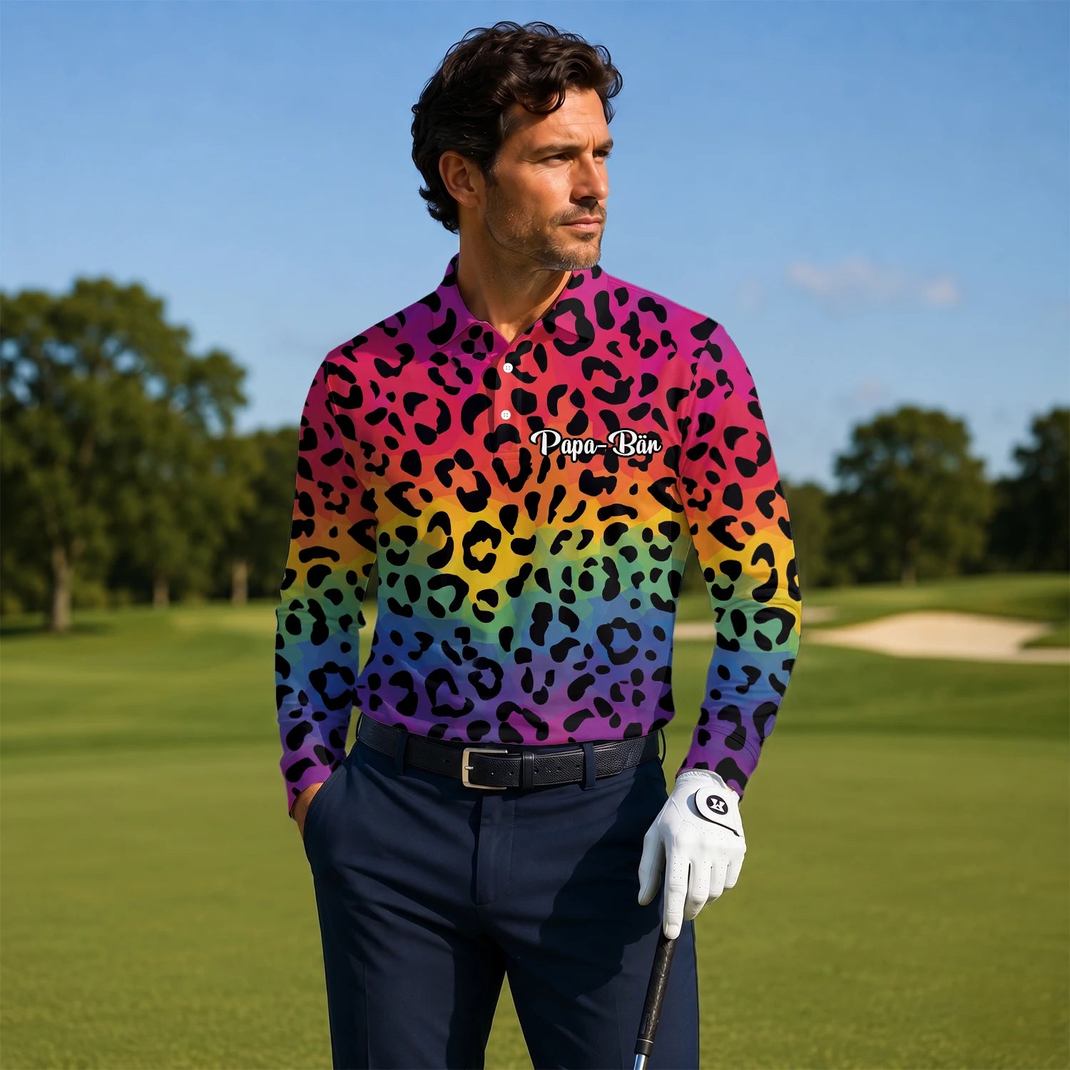 Personalisiertes Golf Poloshirt Regenbogen Leo Print Design für Herren X1632