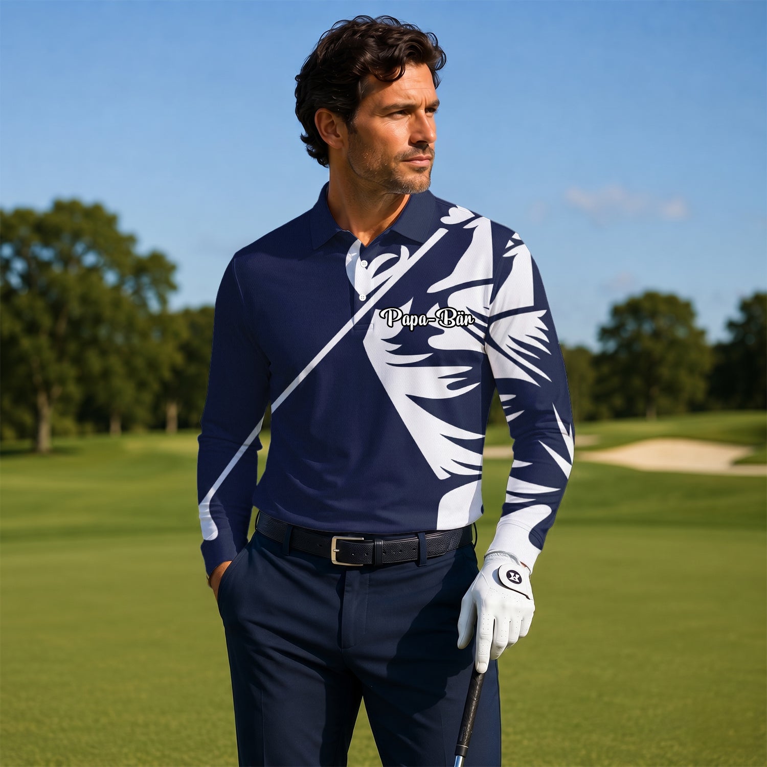 Personalisiertes Golf Poloshirt Marineblau Weißes Tribal Design für Herren A1639