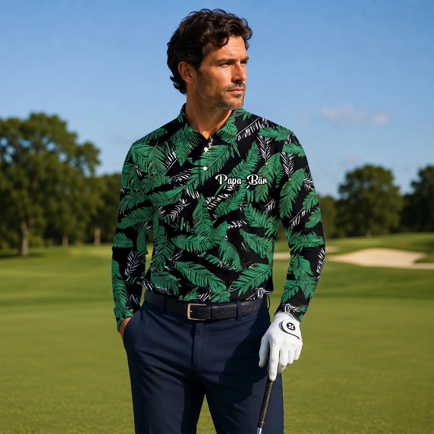 Personalisiertes Golf Poloshirt Schwarz Grünes Tropisches Bananenblätter Design für Herren K8023