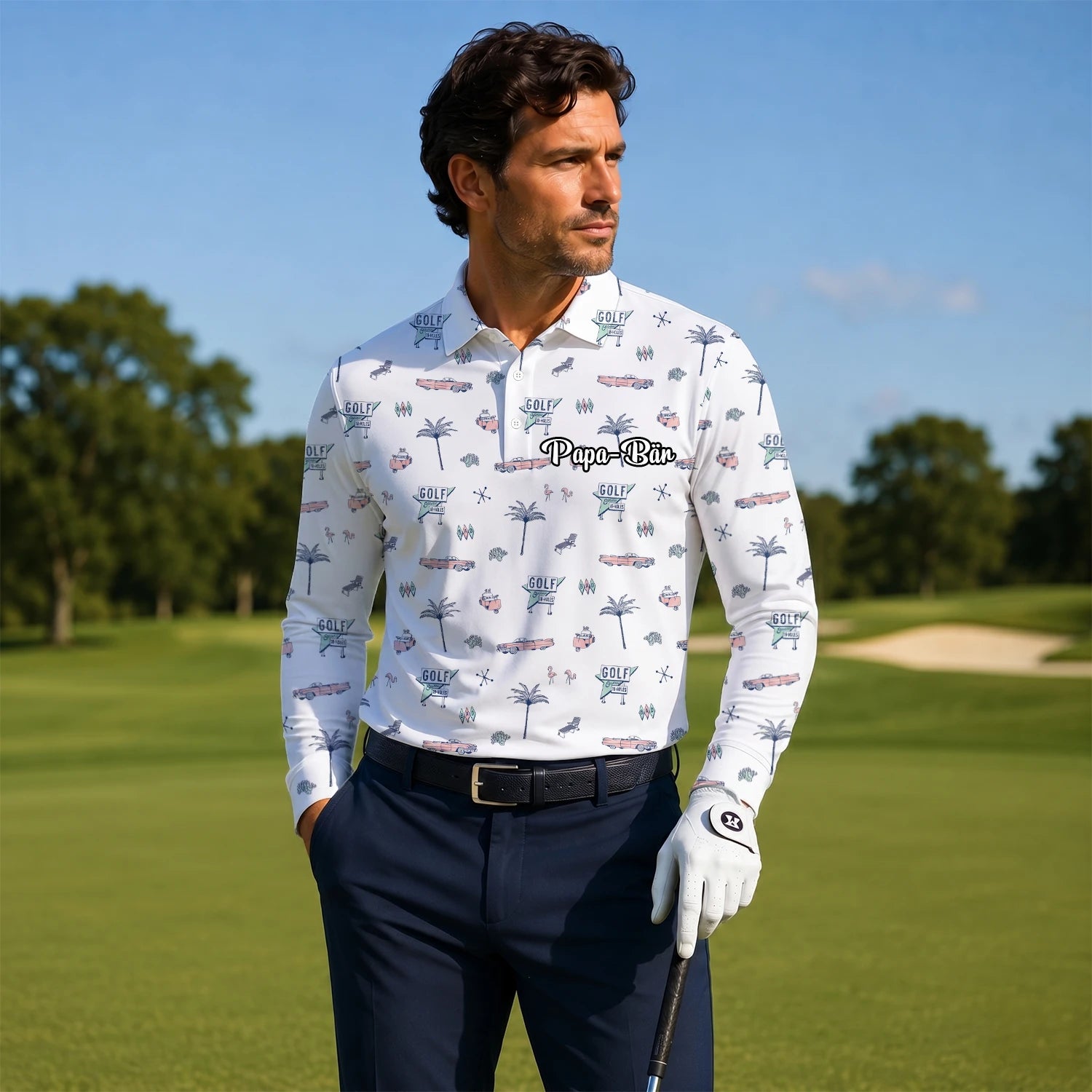 Personalisiertes Golf Poloshirt Weißes Golf Urlaub Doodle Design für Herren Z8344