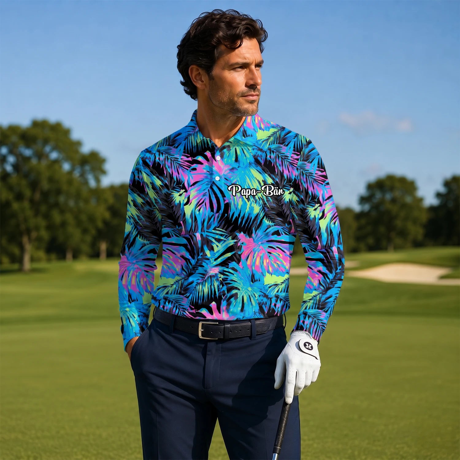 Personalisiertes Golf Poloshirt Schwarz Neon Tropisches Blätter Design für Herren D2207