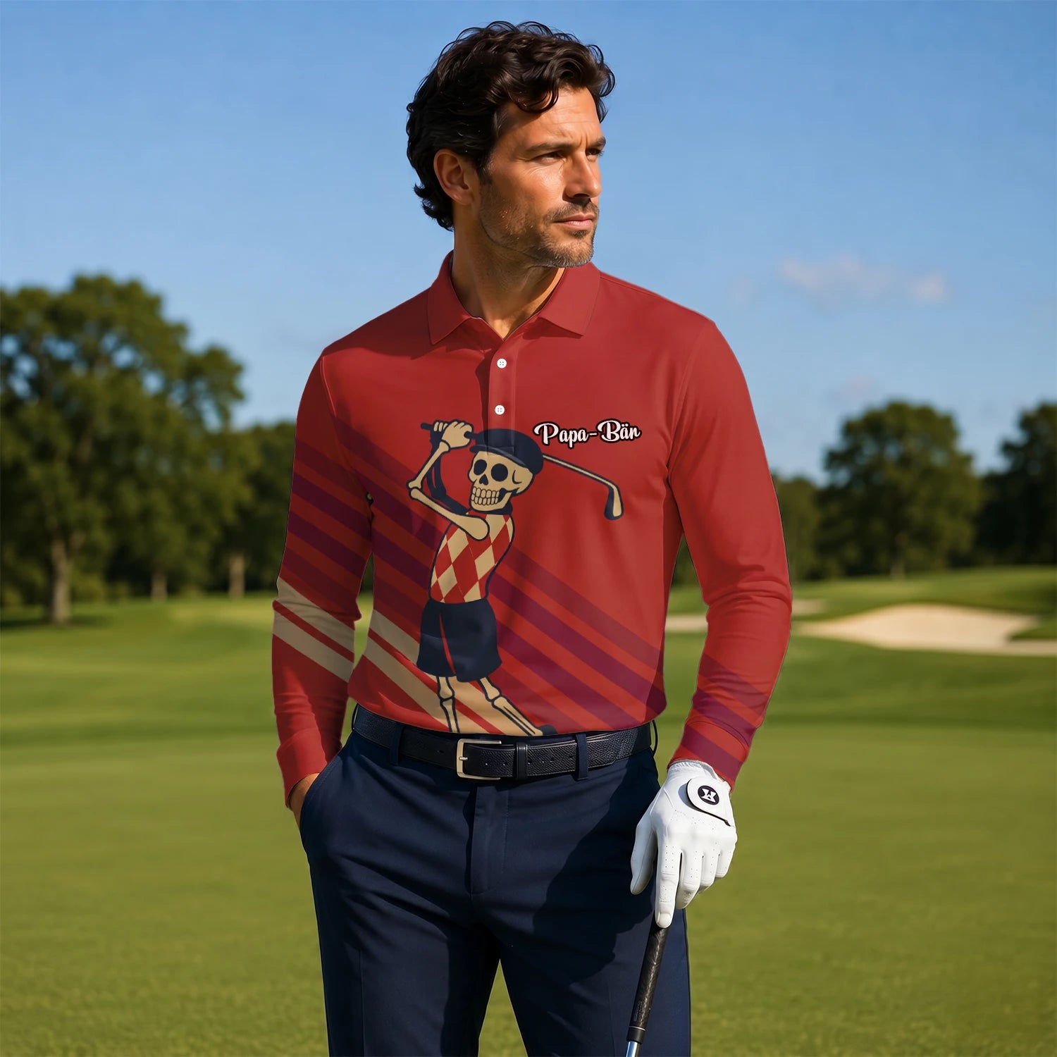 Personalisiertes Golf Poloshirt Rotes Skelett Golfer Cartoon Design für Herren F3648