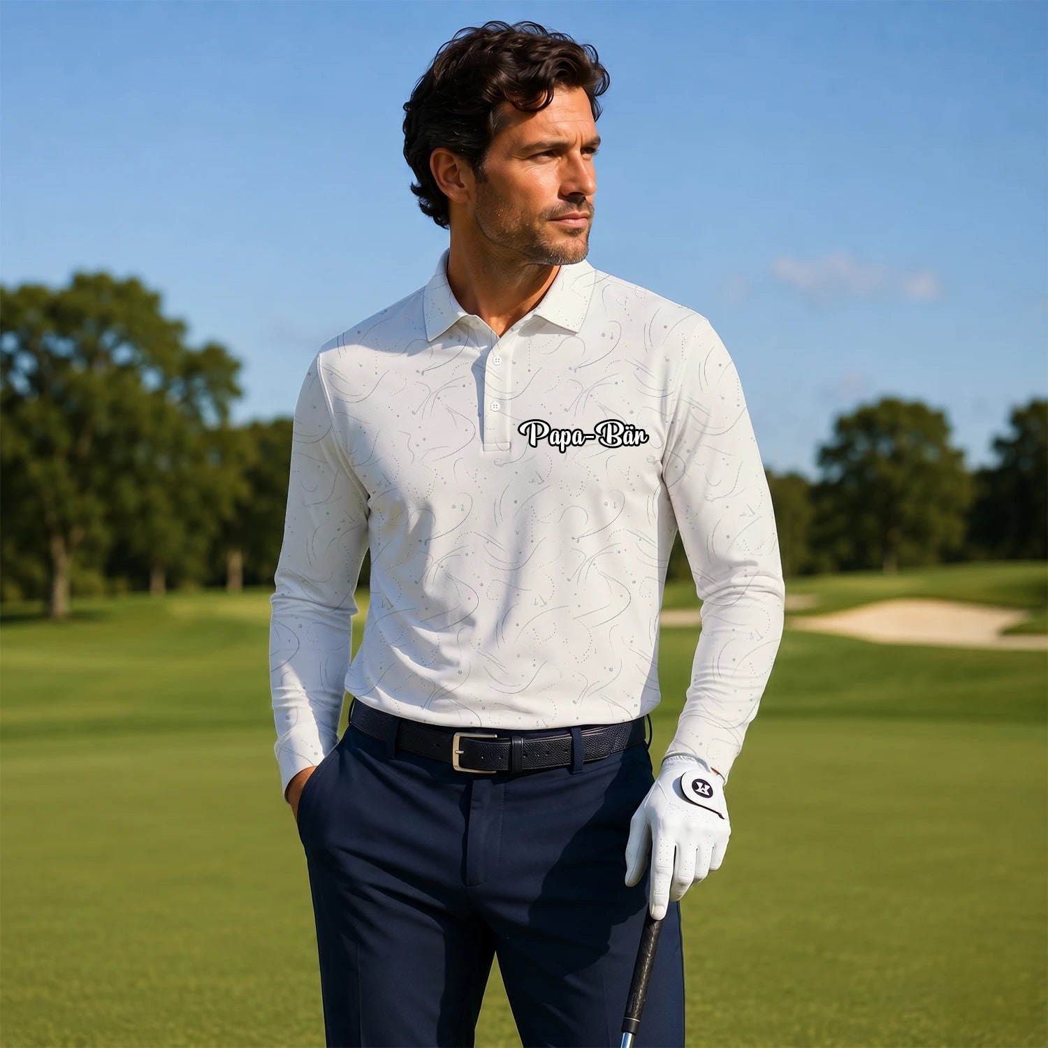 Personalisiertes Golf Poloshirt Cremefarbenes Golf Tee Linien Design für Herren O7898