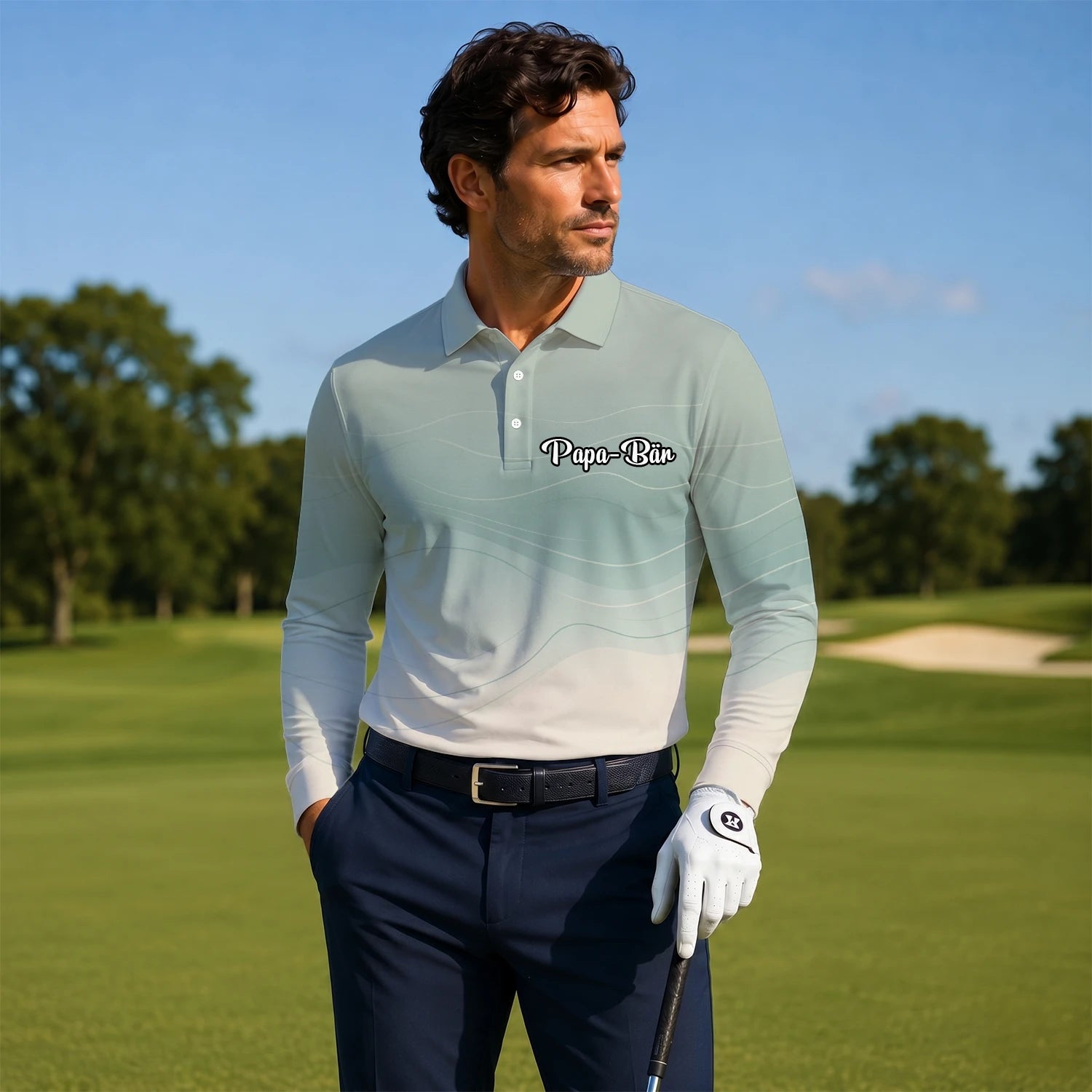Personalisiertes Golf Poloshirt Salbeigrün Beiges Abstraktes Wellen Design für Herren X8036