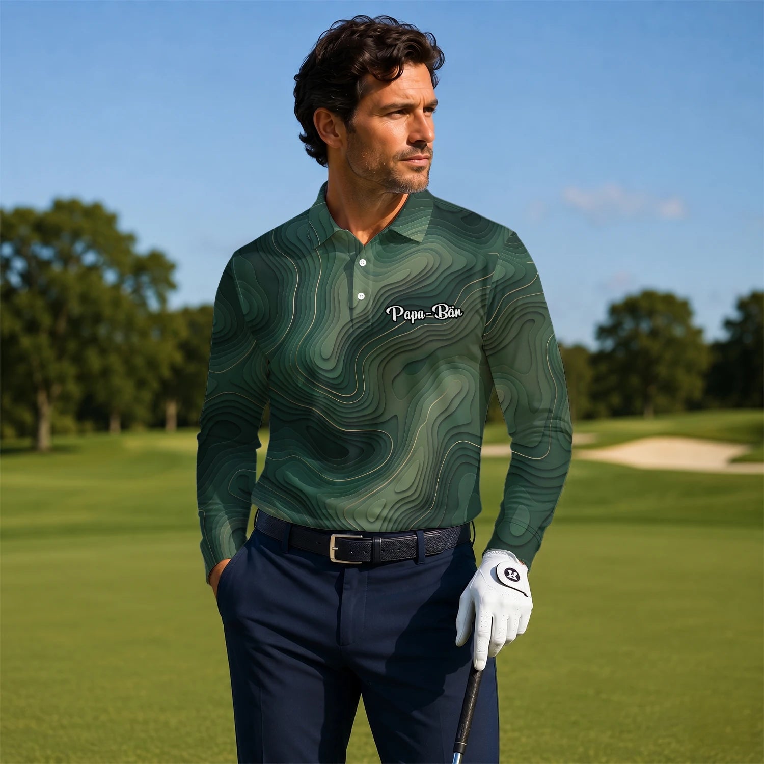 Personalisiertes Golf Poloshirt Grünes Topografisches Konturlinien Design für Herren H2497