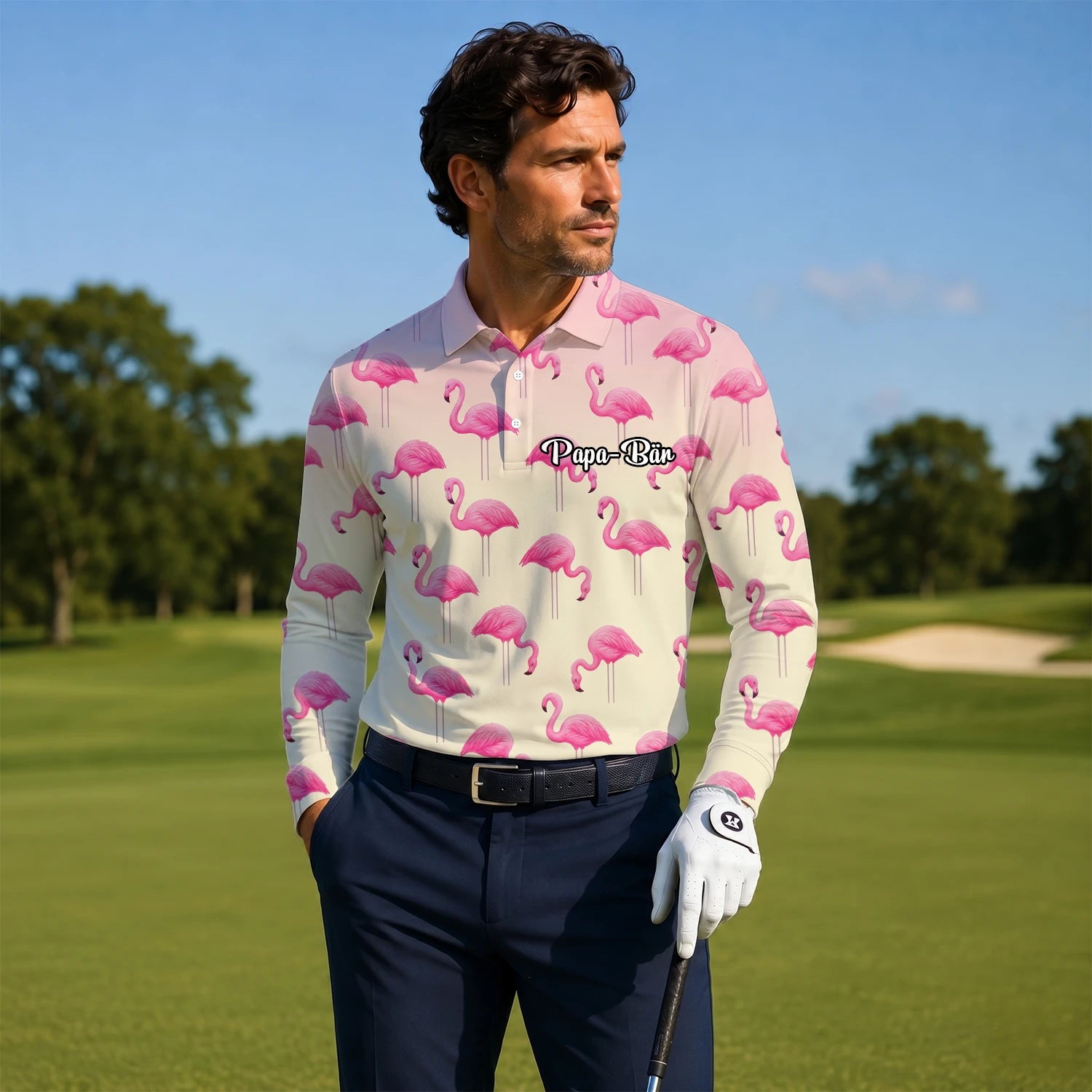 Personalisiertes Golf Poloshirt Creme Rosa Flamingo Design für Herren P5242