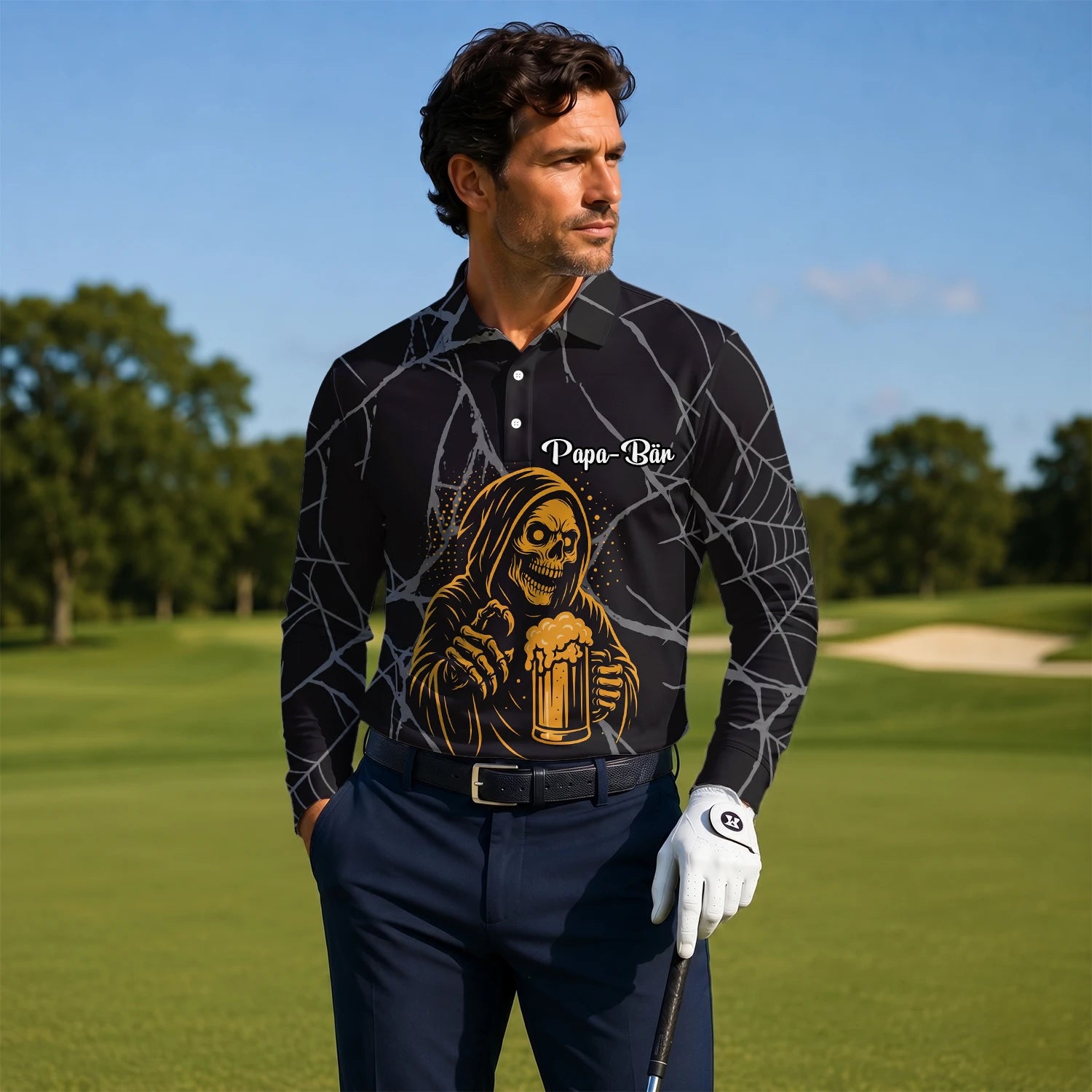 Personalisiertes Golf Poloshirt Schwarz Goldenes Sensenmann Bier Design für Herren J8667