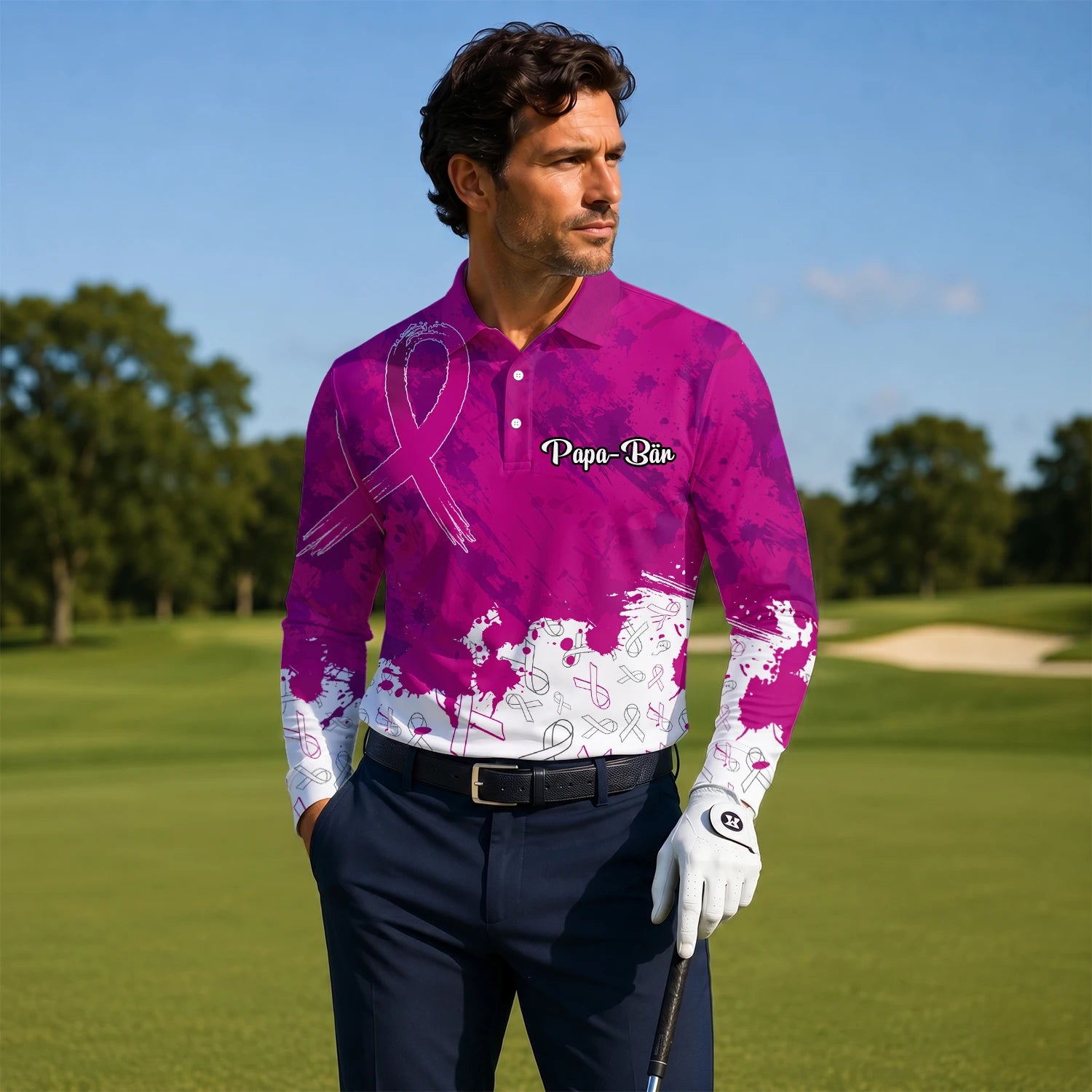 Personalisiertes Golf Poloshirt Magenta Brustkrebs Awareness Schleifen Farbklecks Design für Herren Q5636