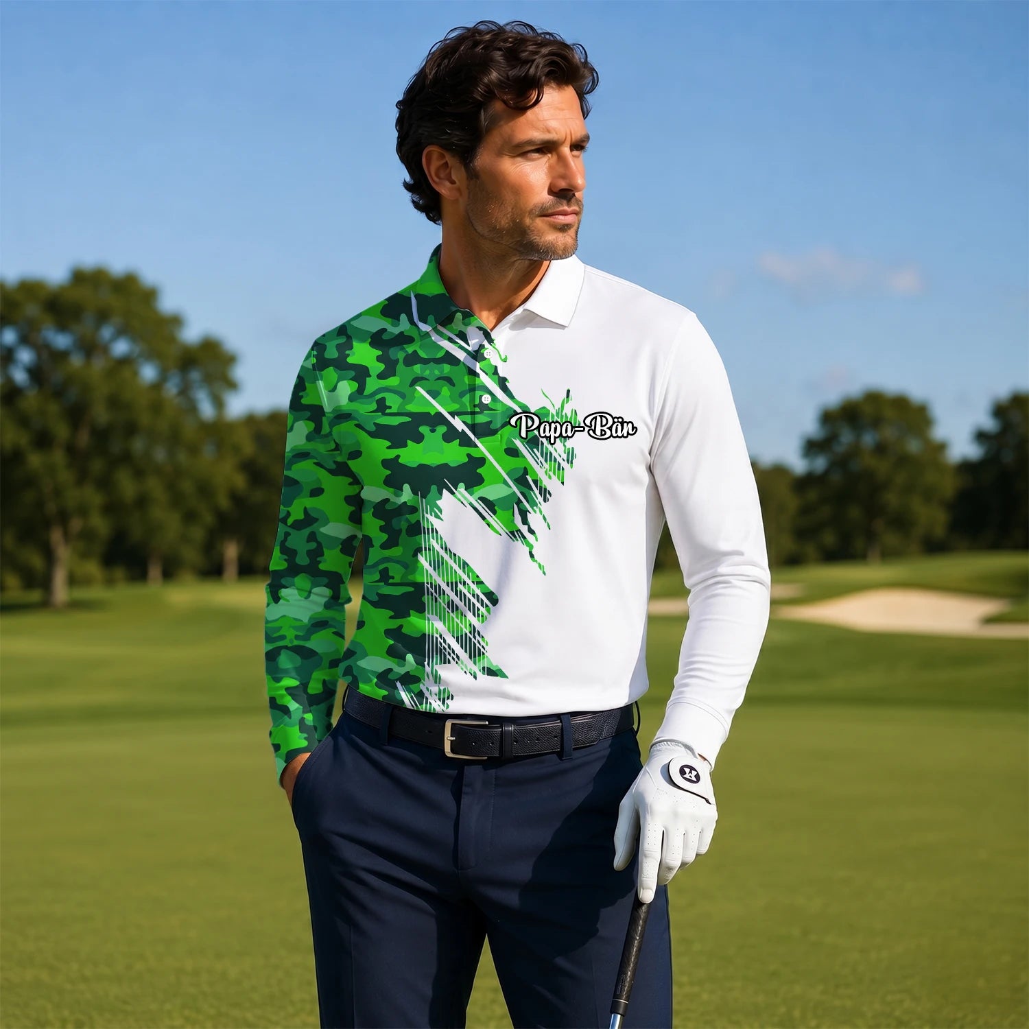 Personalisiertes Golf Poloshirt Weiß Grünes Camo Pinselstreifen Design für Herren E9788
