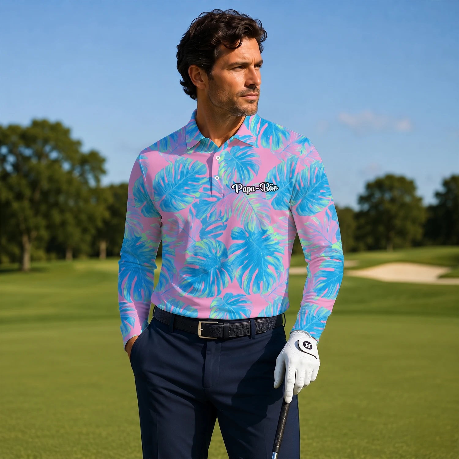 Personalisiertes Golf Poloshirt Rosa Türkis Tropisches Monstera Blätter Design für Herren C8385