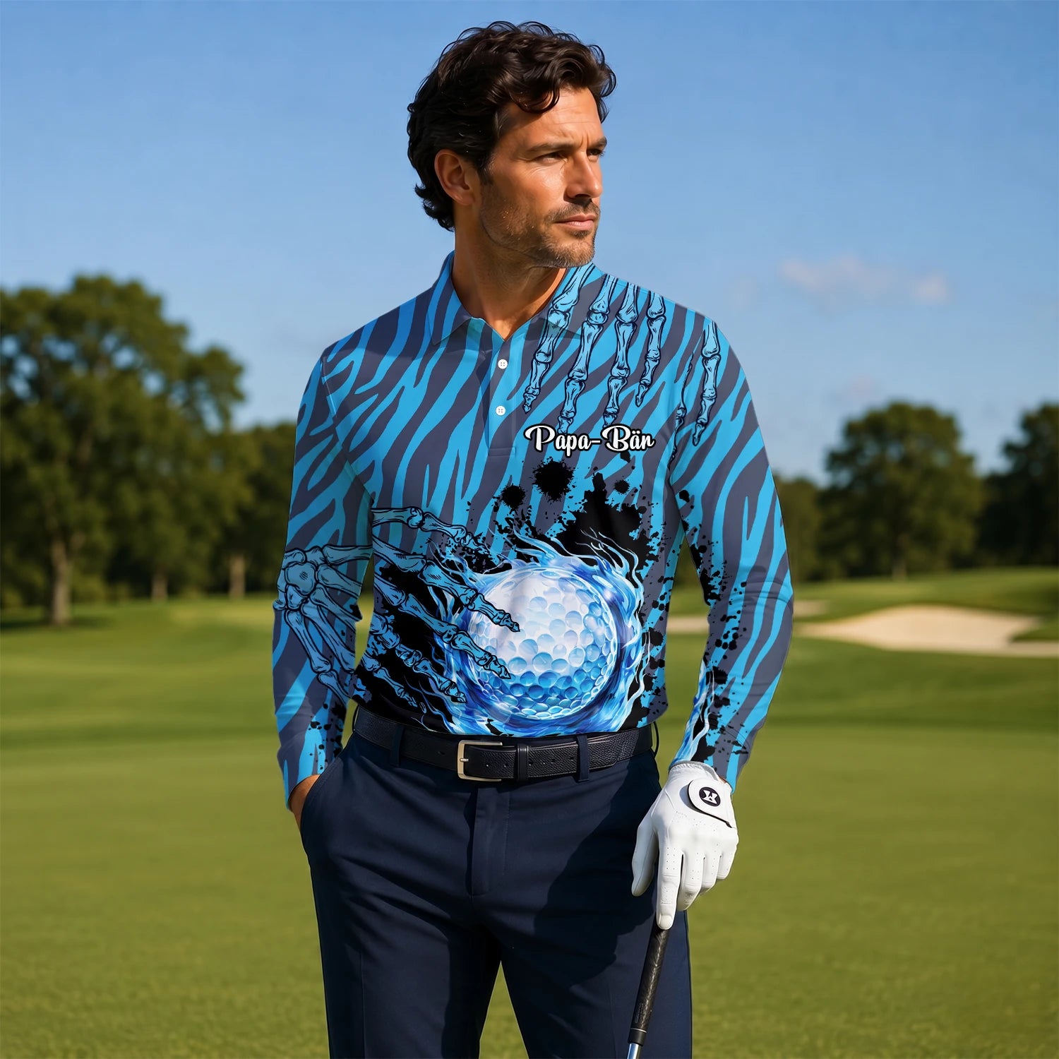 Personalisiertes Golf Poloshirt Blau Schwarzes Golfball Wasser Splash Design für Herren B9791