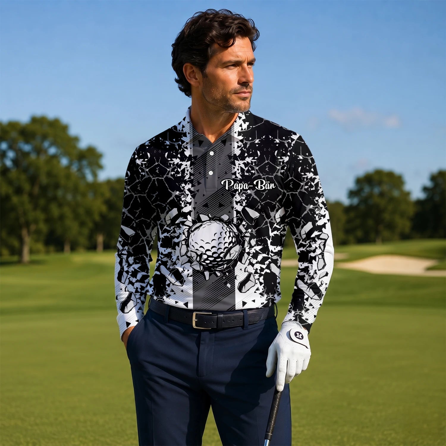 Personalisiertes Golf Poloshirt Schwarz Weißes Golfball Glassplitter Design für Herren F6407