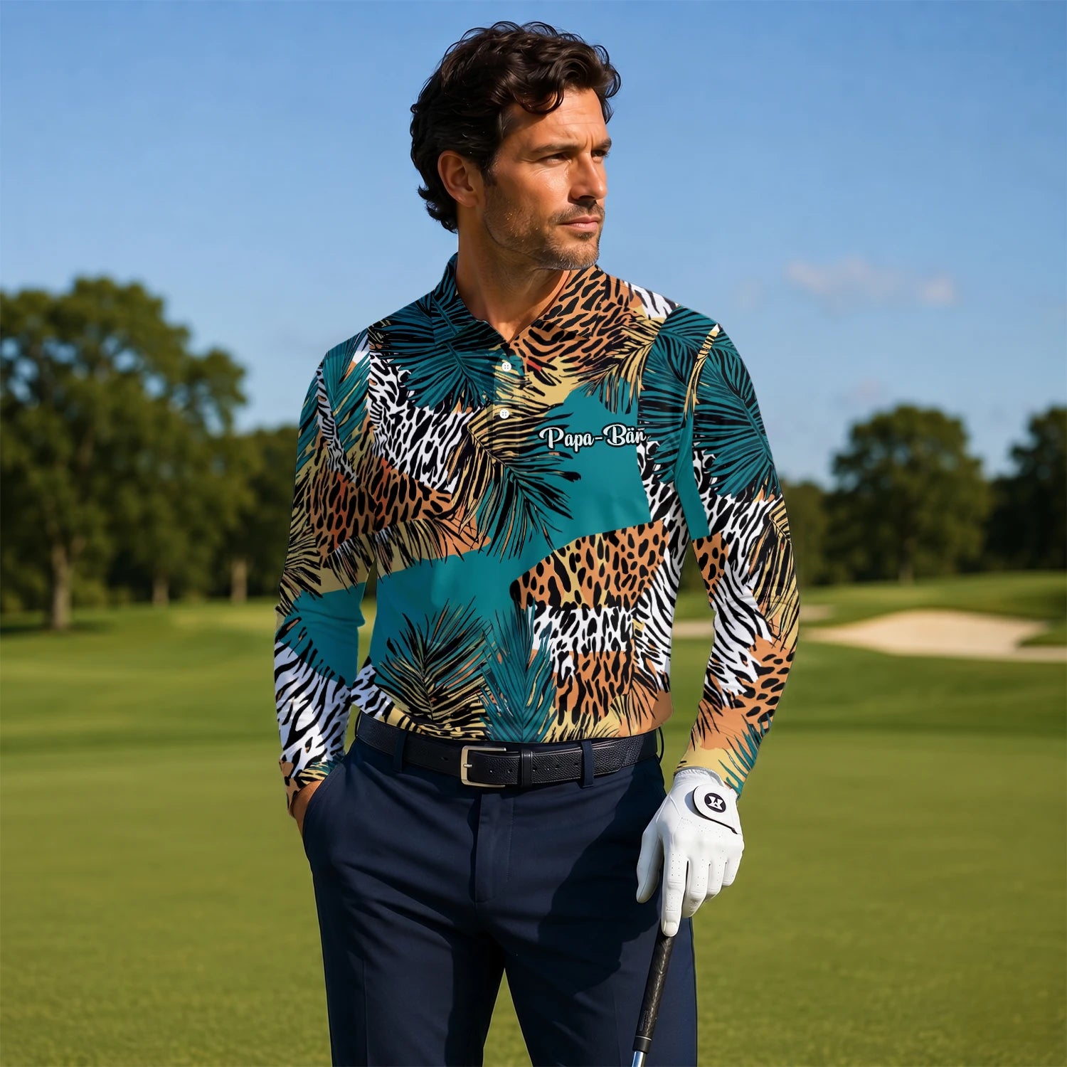 Personalisiertes Golf Poloshirt Türkis Orange Tropisches Palmen Animal Print Design für Herren A7122