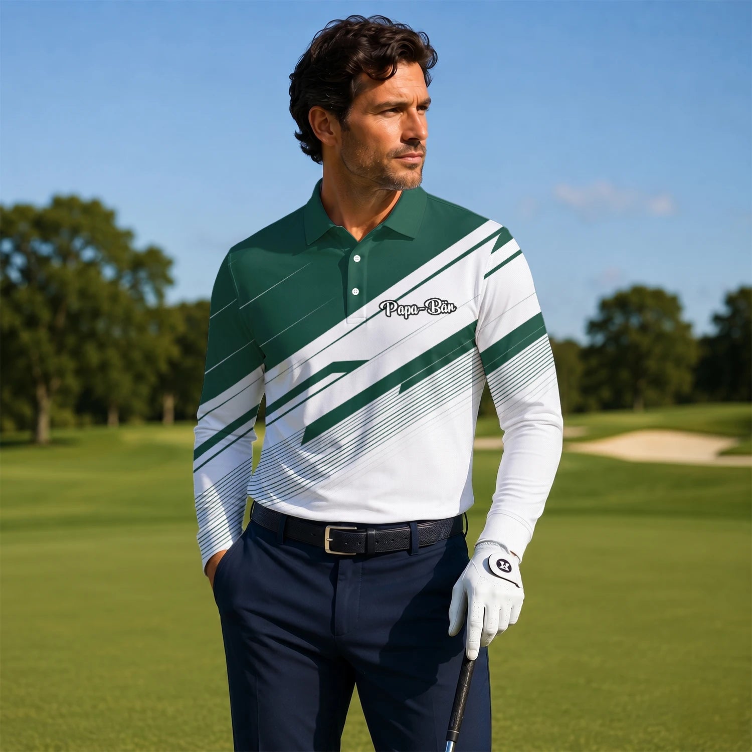 Personalisiertes Golf Poloshirt Grün Weißes Abstraktes Streifen Design für Herren E5041
