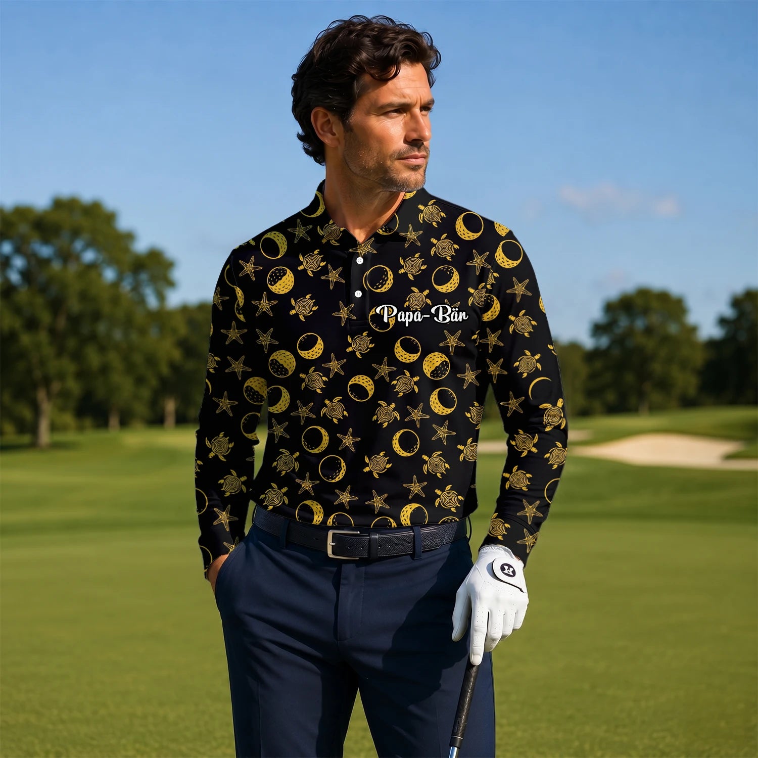 Personalisiertes Golf Poloshirt Schwarz Goldenes Meeresschildkröten Mond Stern Design für Herren V4483