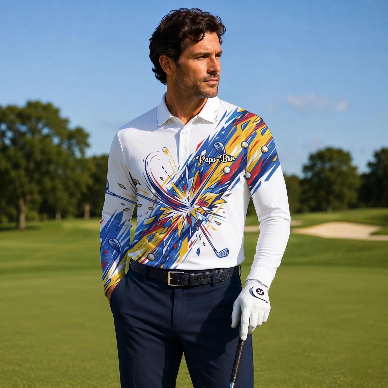 Personalisiertes Golf Poloshirt Weiß Blaues Golf Schwung Grafik Design für Herren B2869