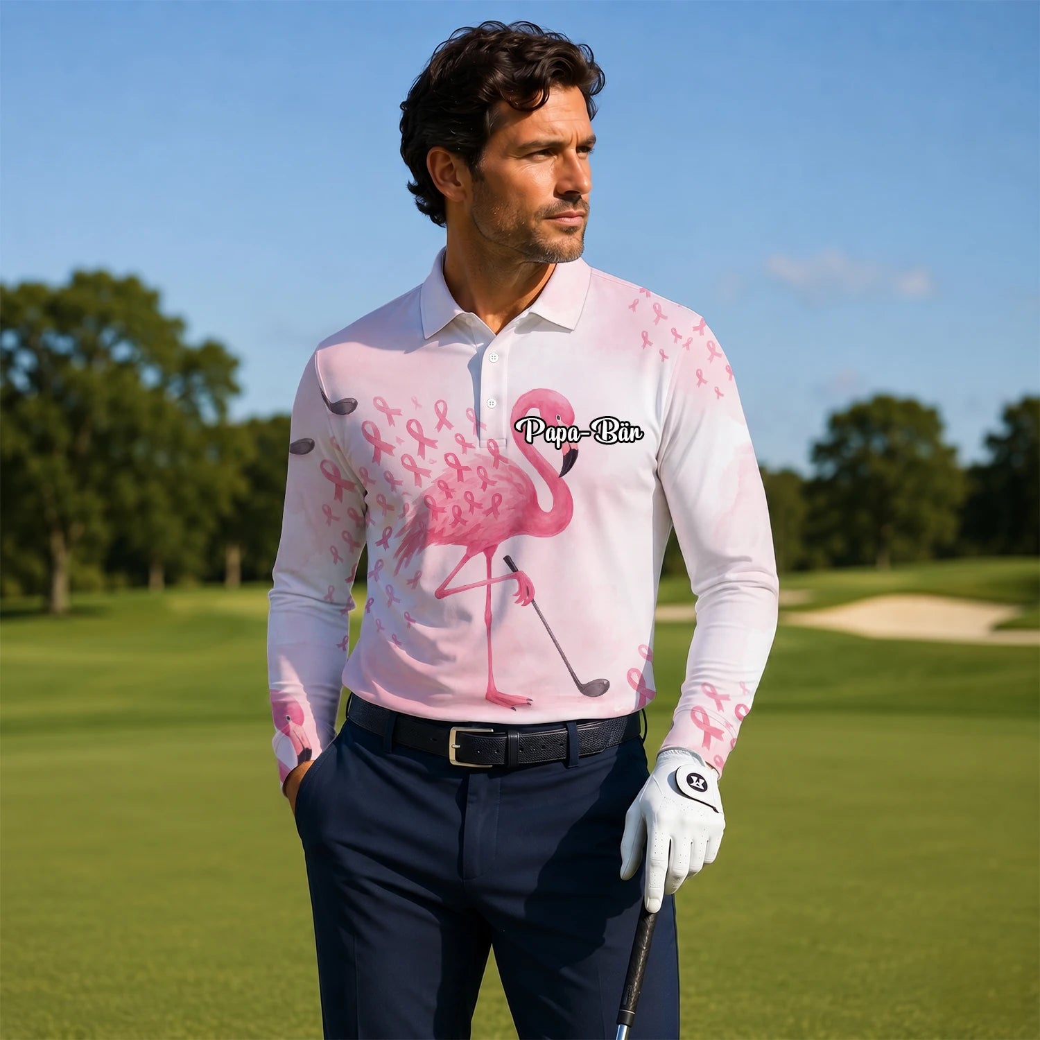 Personalisiertes Golf Poloshirt Rosa Flamingo Golfer Brustkrebs Schleifen Design für Herren R9354