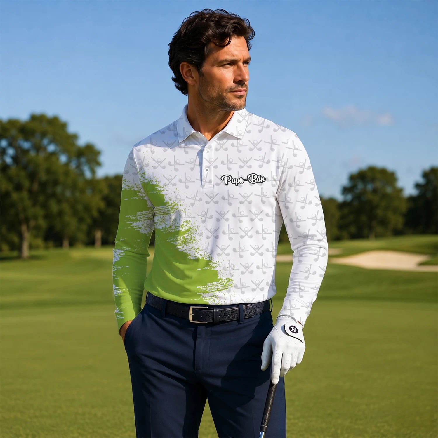 Personalisiertes Golf Poloshirt in Weiß-Limettengrün mit Golfschläger-Muster und Farbklecks für Herren H4508