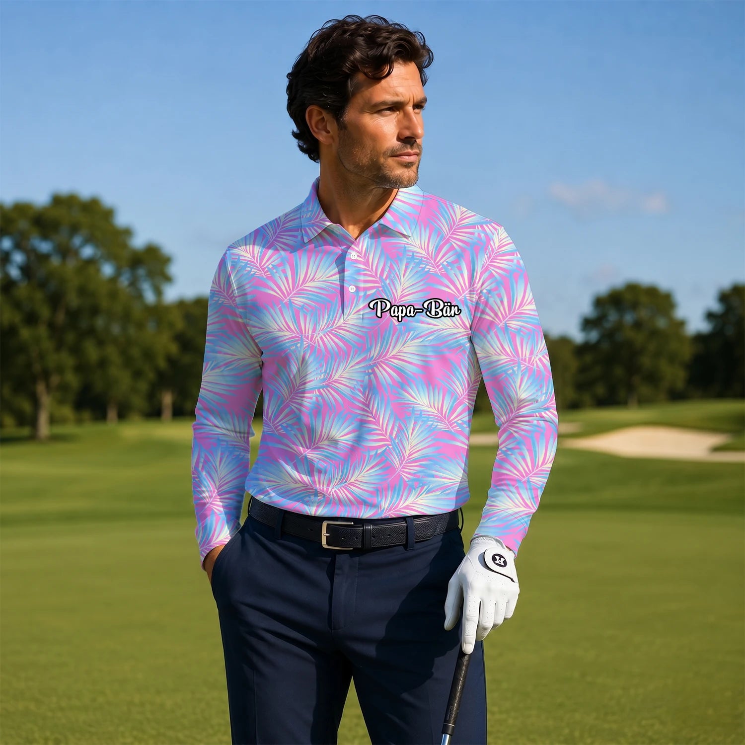 Personalisiertes Golf Poloshirt Rosa Blaues Palmenblätter Design für Herren F1458