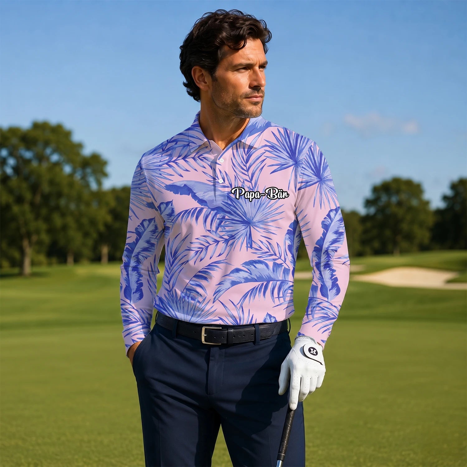 Personalisiertes Golf Poloshirt Rosa Lavendel Tropisches Palmenblätter Design für Herren M3354