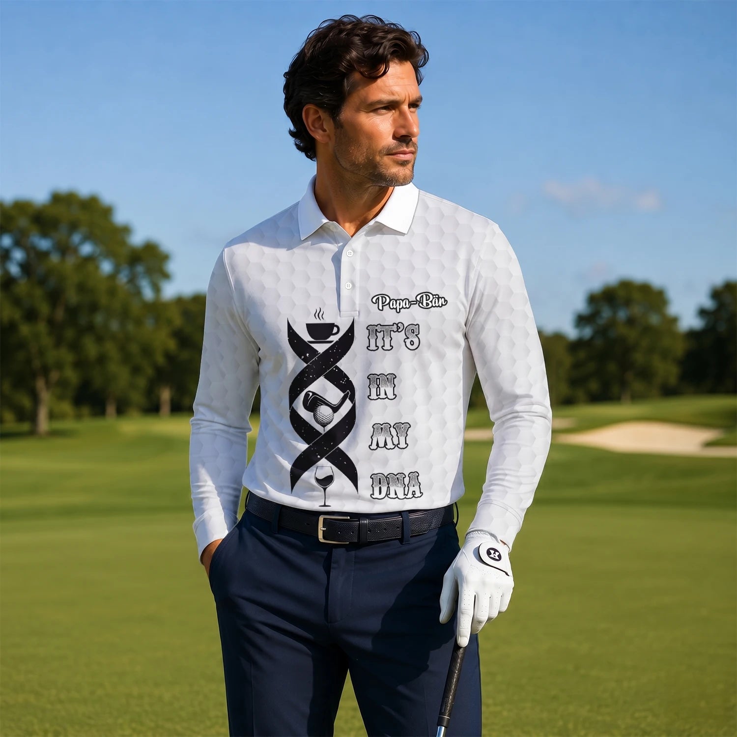 Personalisiertes Golf Poloshirt Weißes Golf In My DNA Spruch Design für Herren W3018