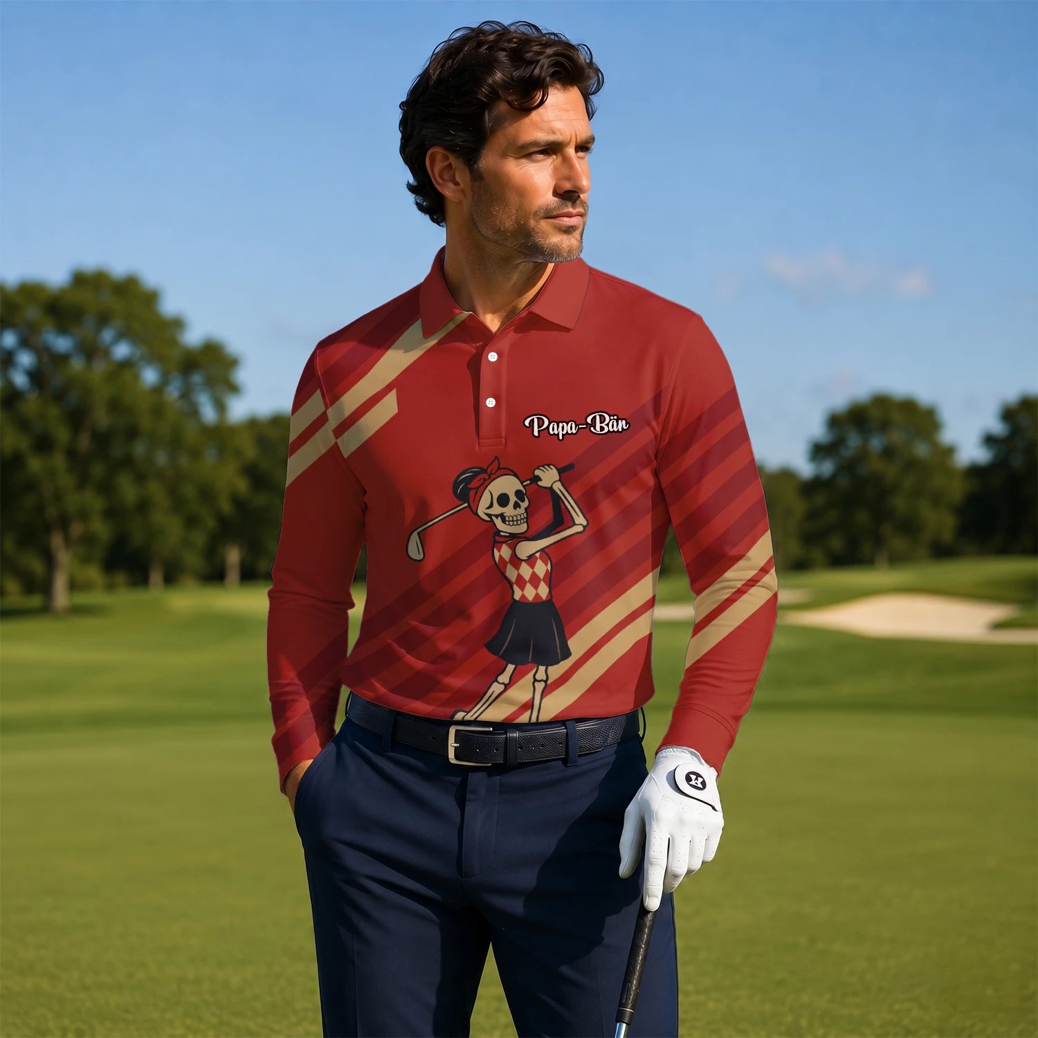 Personalisiertes Golf Poloshirt Rotes Skelett Golfer Cartoon Design für Herren Y0970