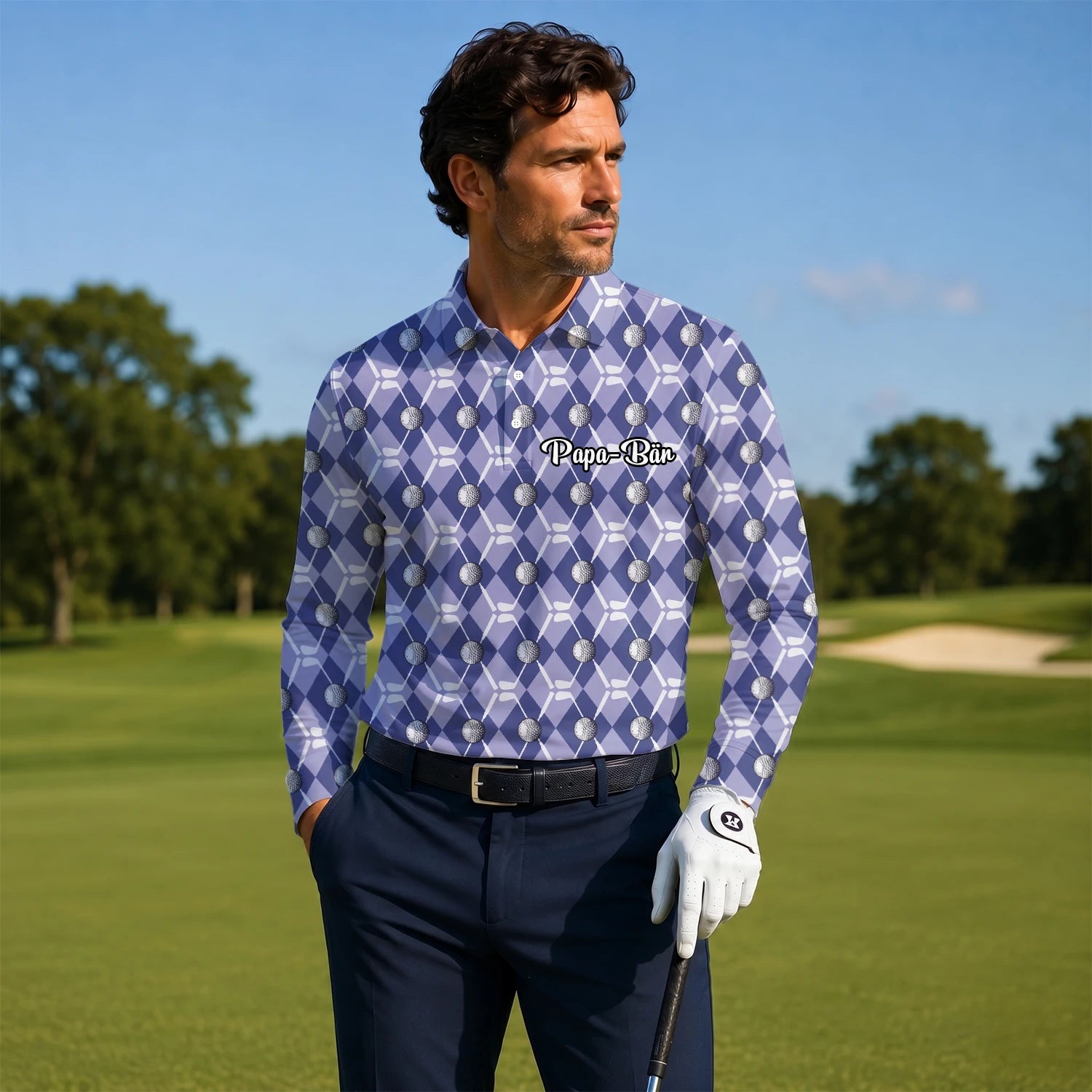 Personalisiertes Golf Poloshirt Blaues Rauten Golfball Golfschläger Design für Herren F3847