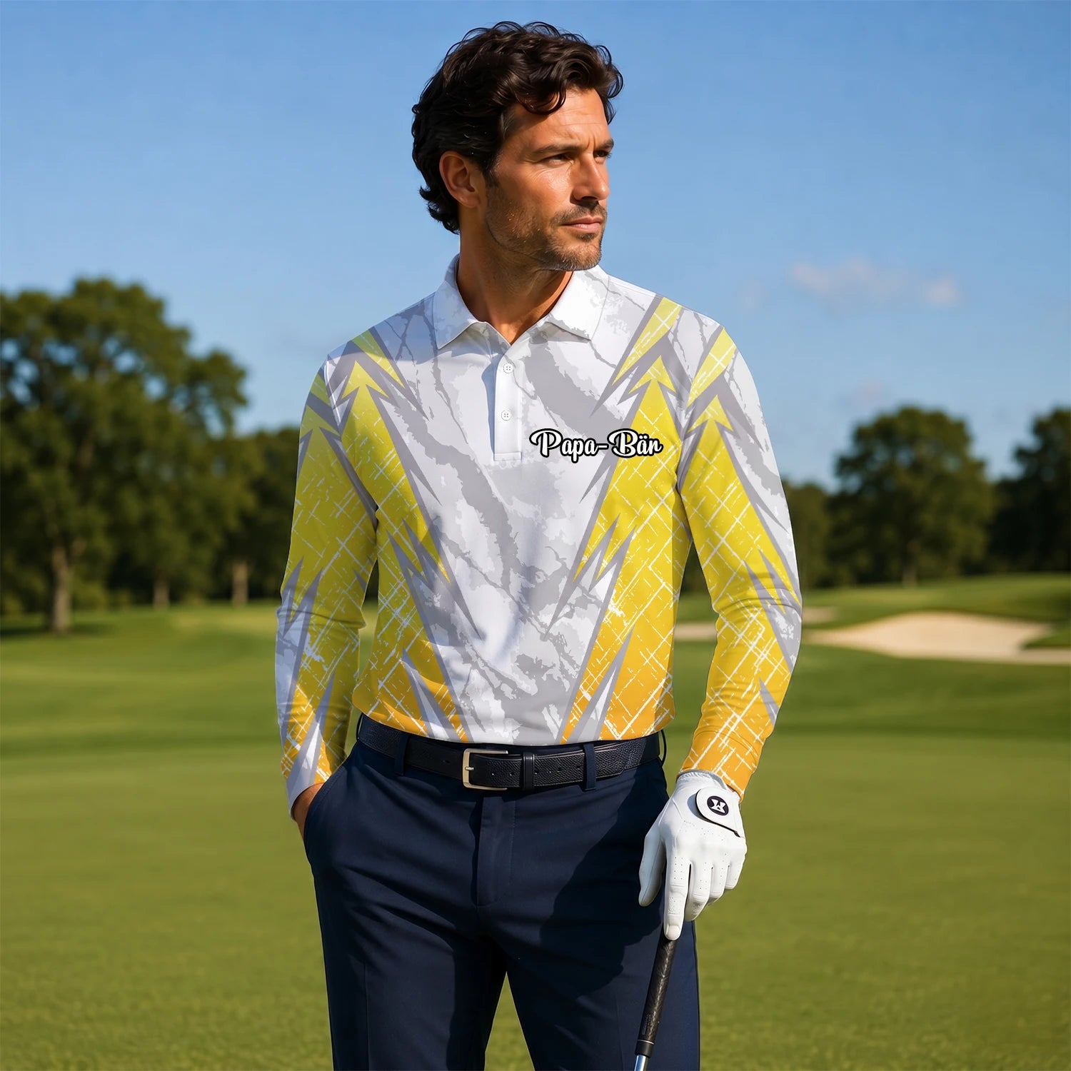 Personalisiertes Golf Poloshirt Weiß Grau Gelbes Marmor Streifen Design für Herren T6326