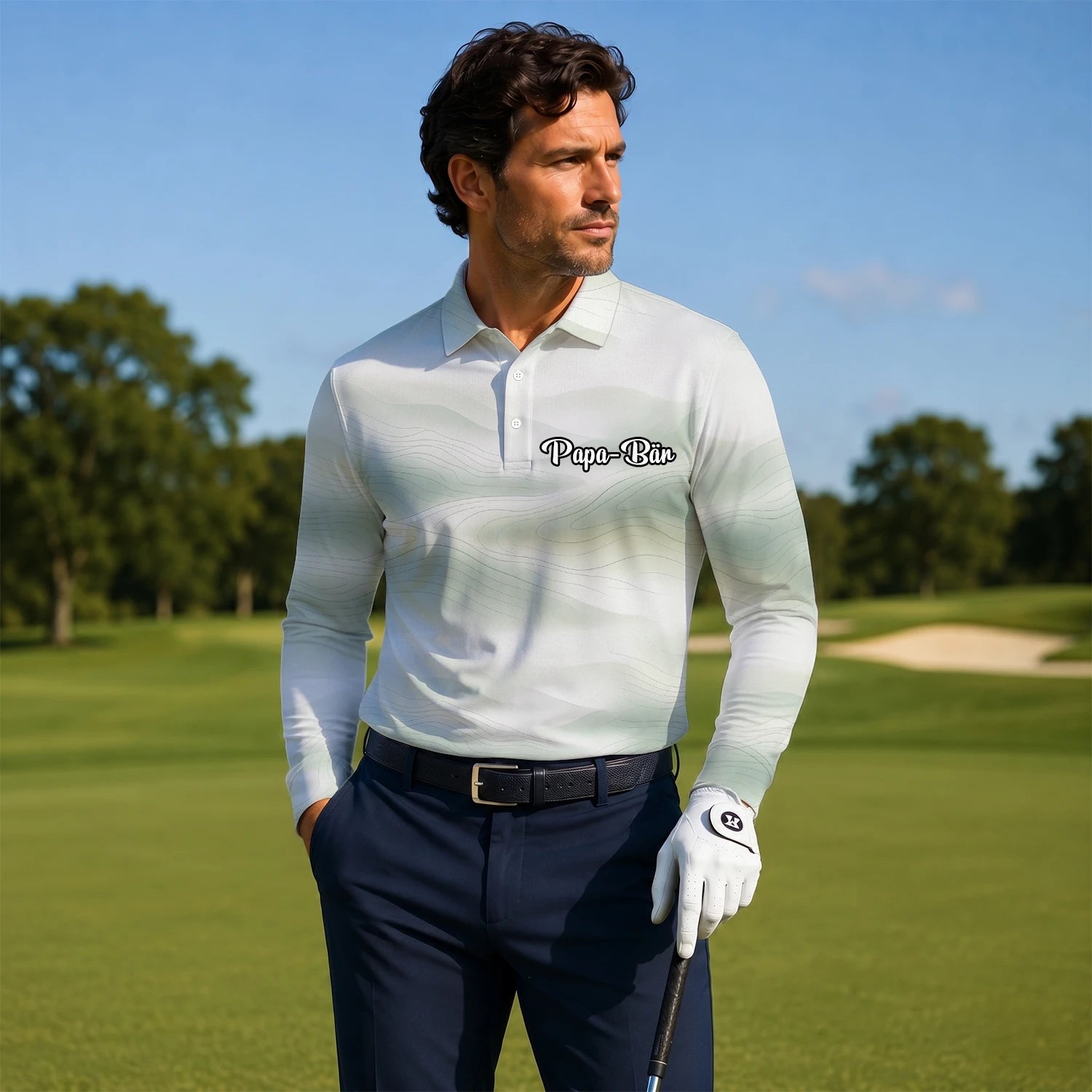 Personalisiertes Golf Poloshirt Weiß Salbeigrünes Abstraktes Wellen Design für Herren F8070