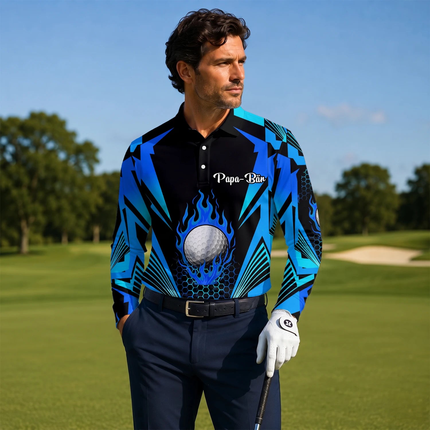 Personalisiertes Golf Poloshirt Schwarz Blaues Golfball Flammen Design für Herren Y8576