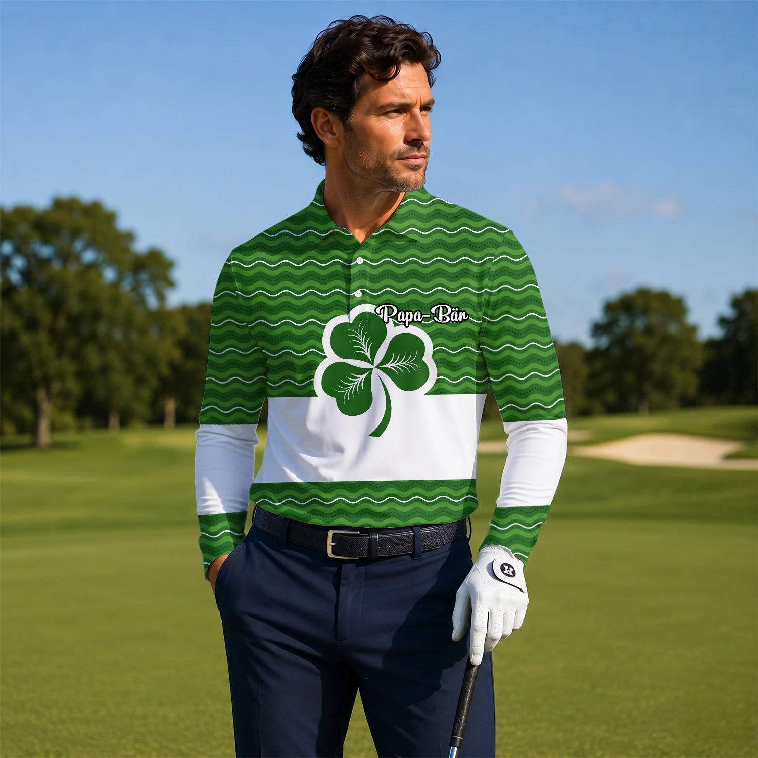 Personalisiertes Golf Poloshirt Grünes Kleeblatt Wellen Design für Herren I6128