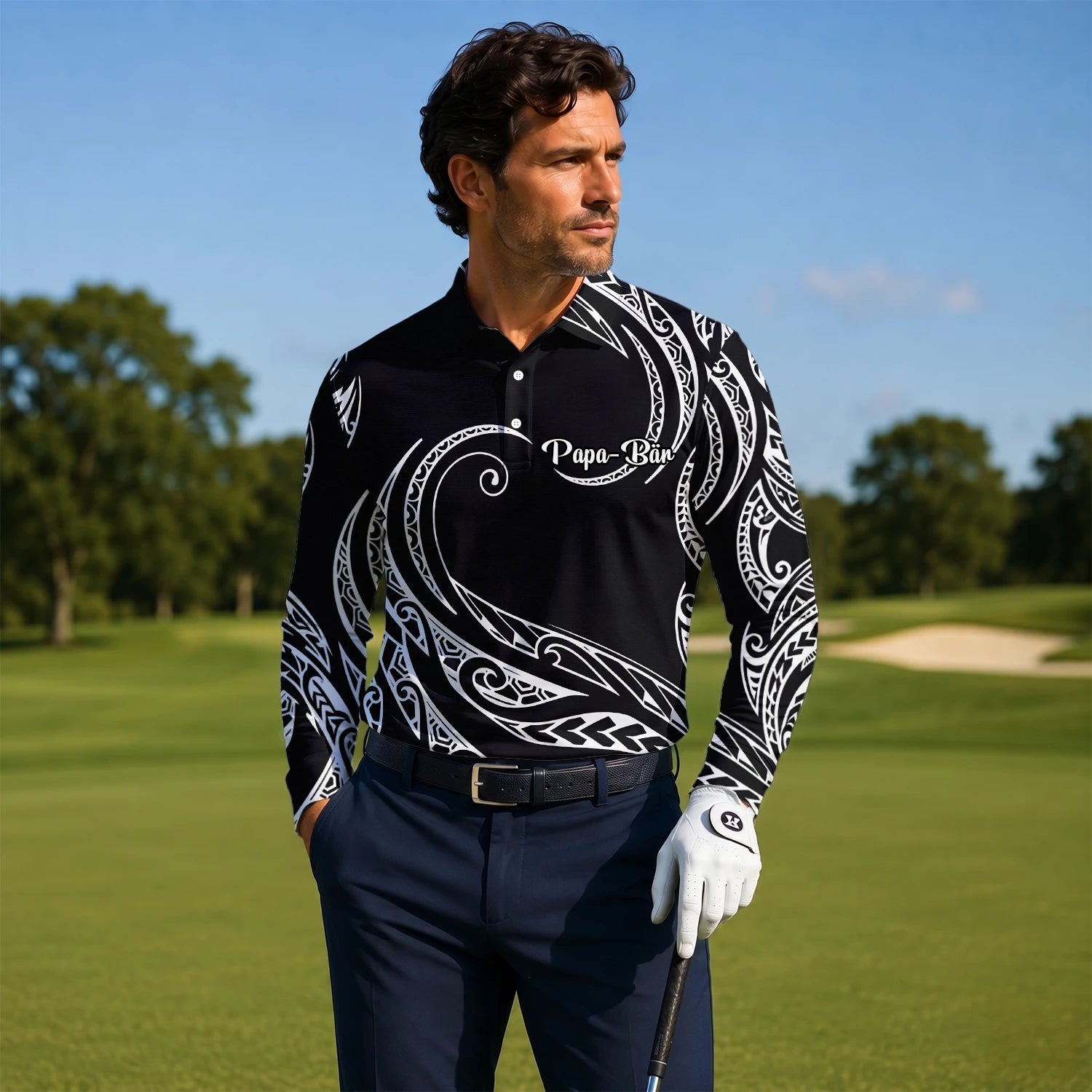 Personalisiertes Golf Poloshirt Schwarz Weißes Tribal Wellen Design für Herren R9560